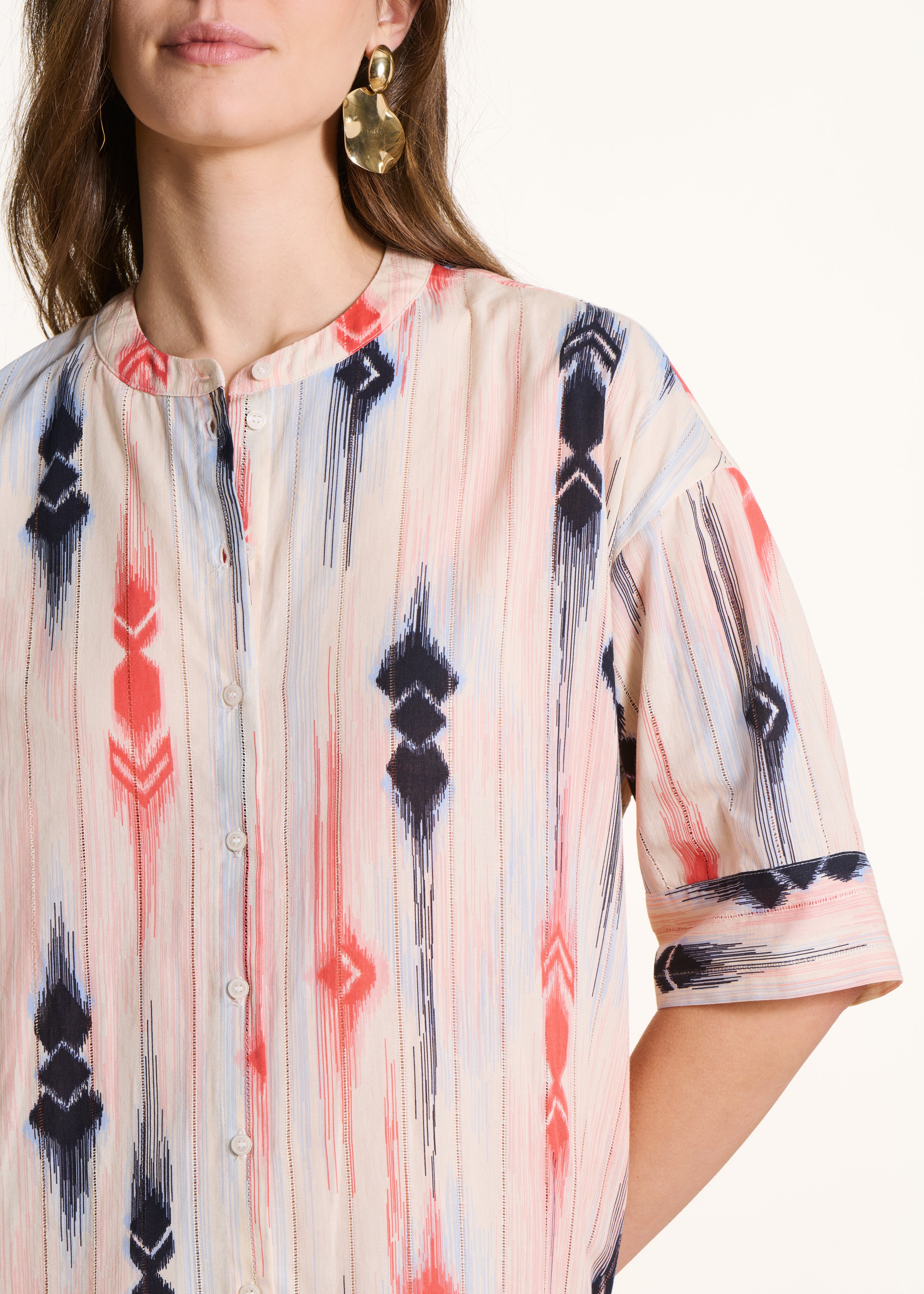 Organic cotton voile shirt dress with pink and blue print