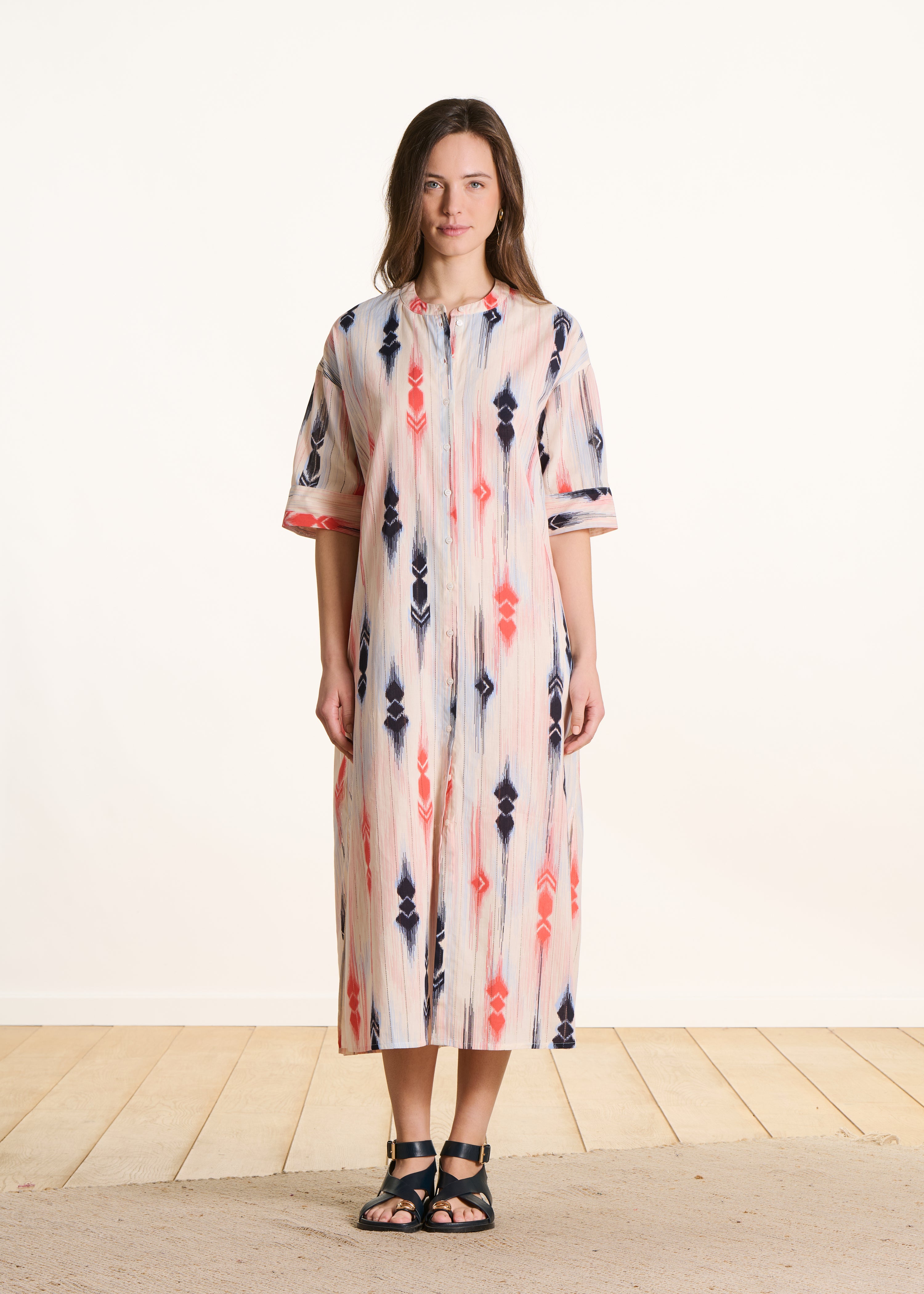 Organic cotton voile shirt dress with pink and blue print