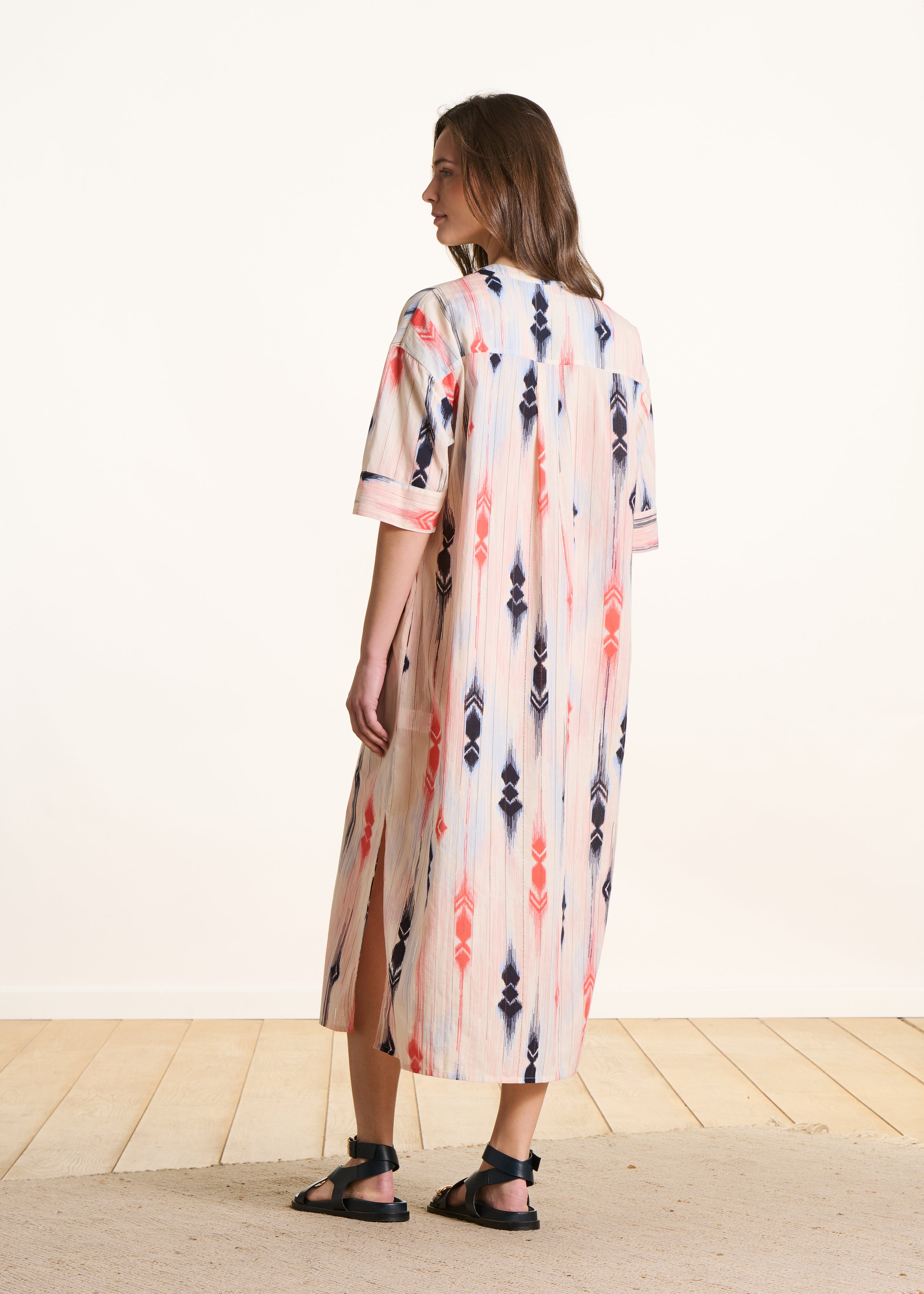 Organic cotton voile shirt dress with pink and blue print