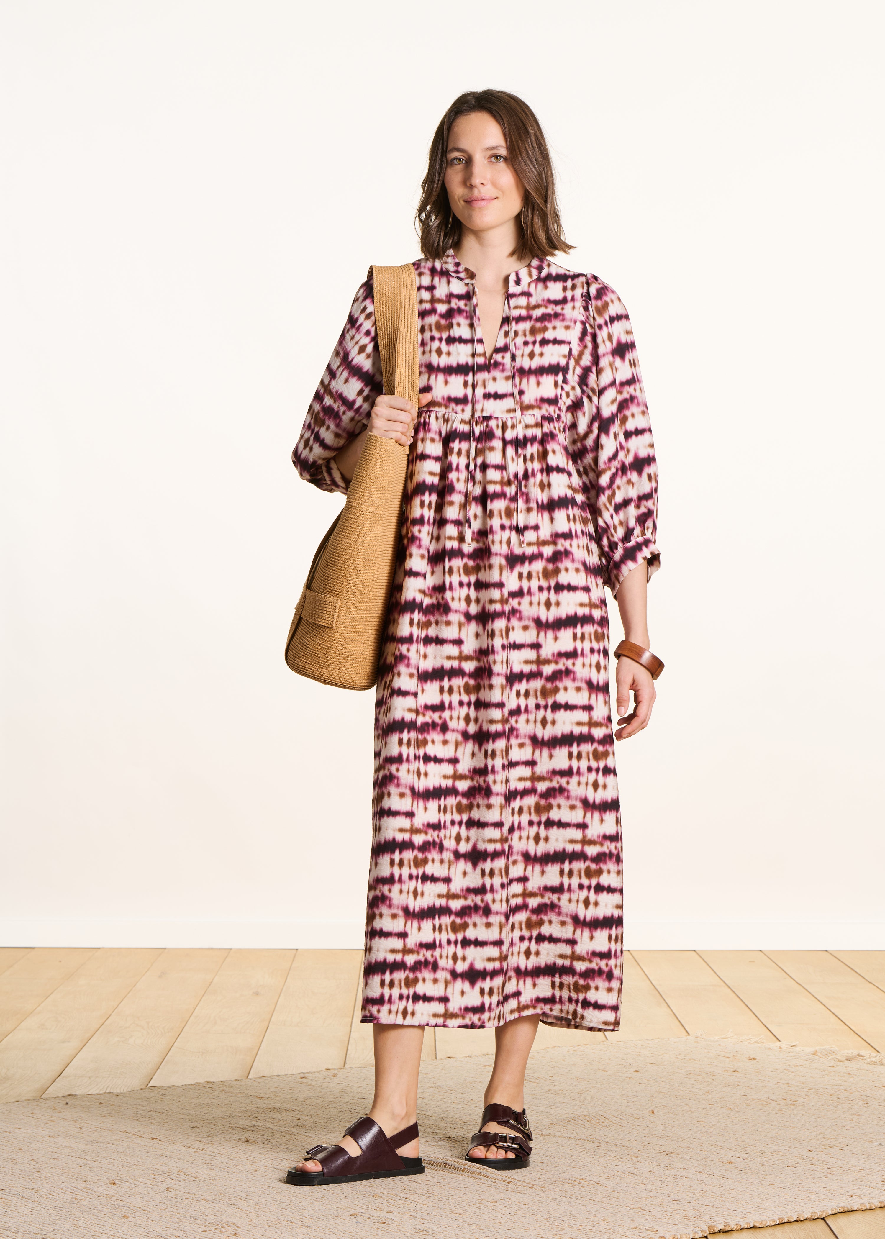 Loose long dress with burgundy tie-dye print - La Fe Maraboute Loose long dress with burgundy tie-dye print - La Fe Maraboute