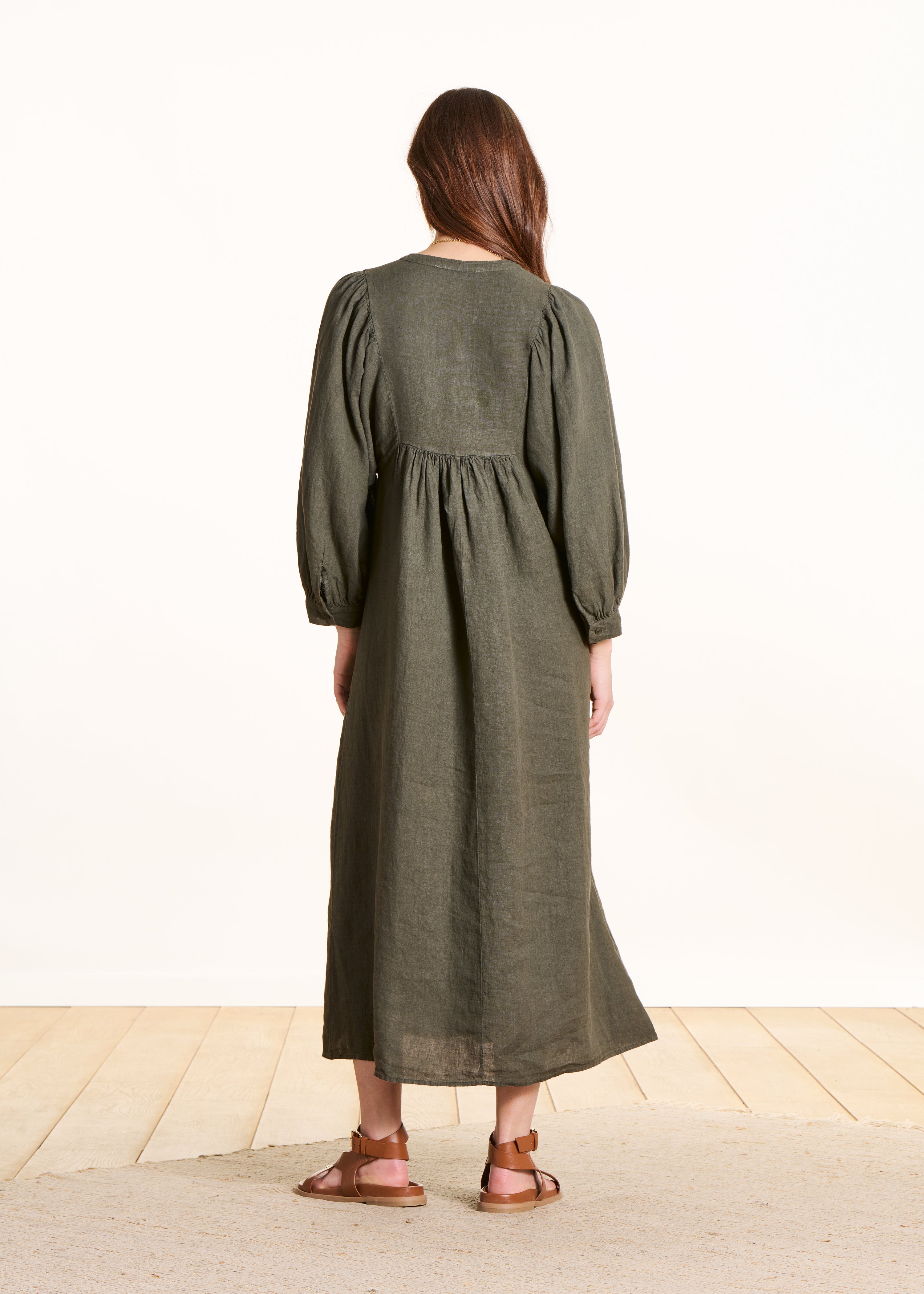 Long khaki linen dress with long sleeves