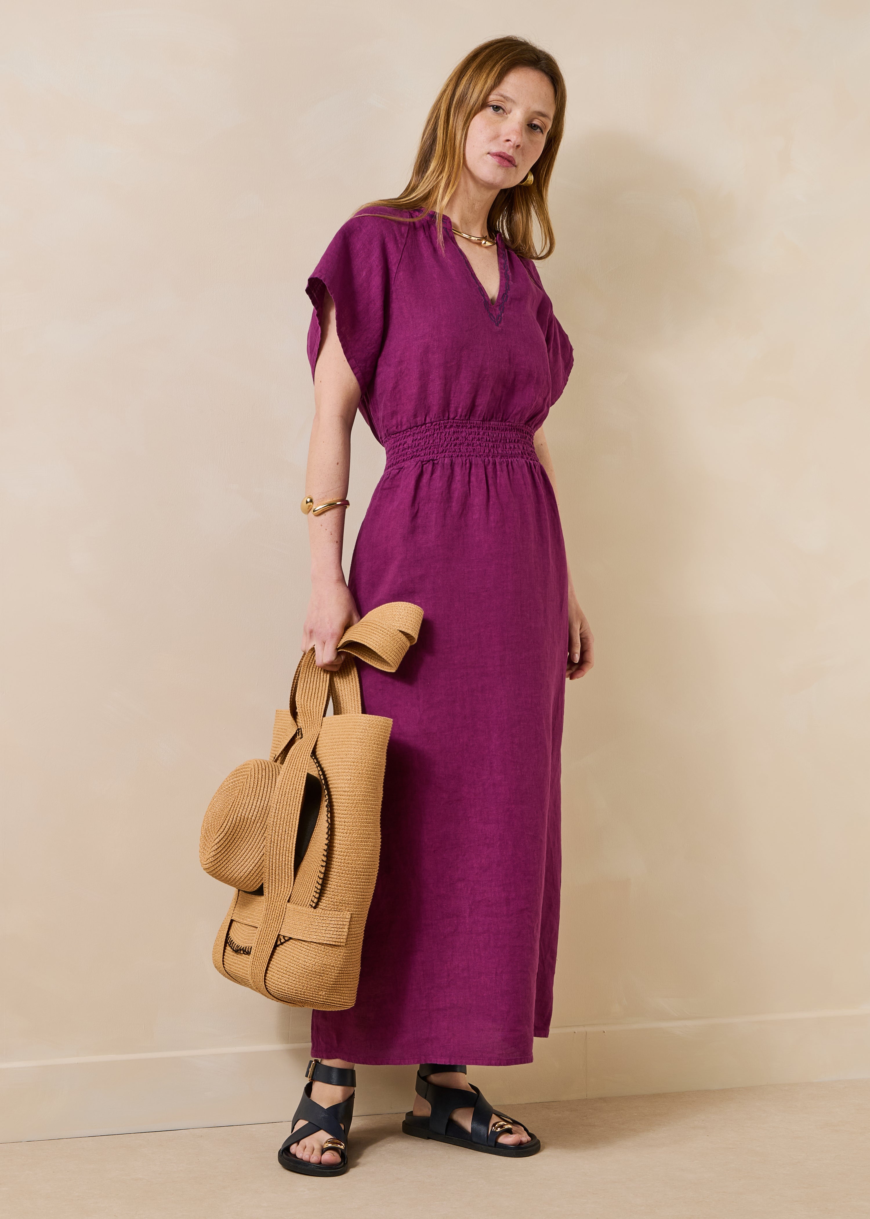 Robe longue cintrée en lin violet
