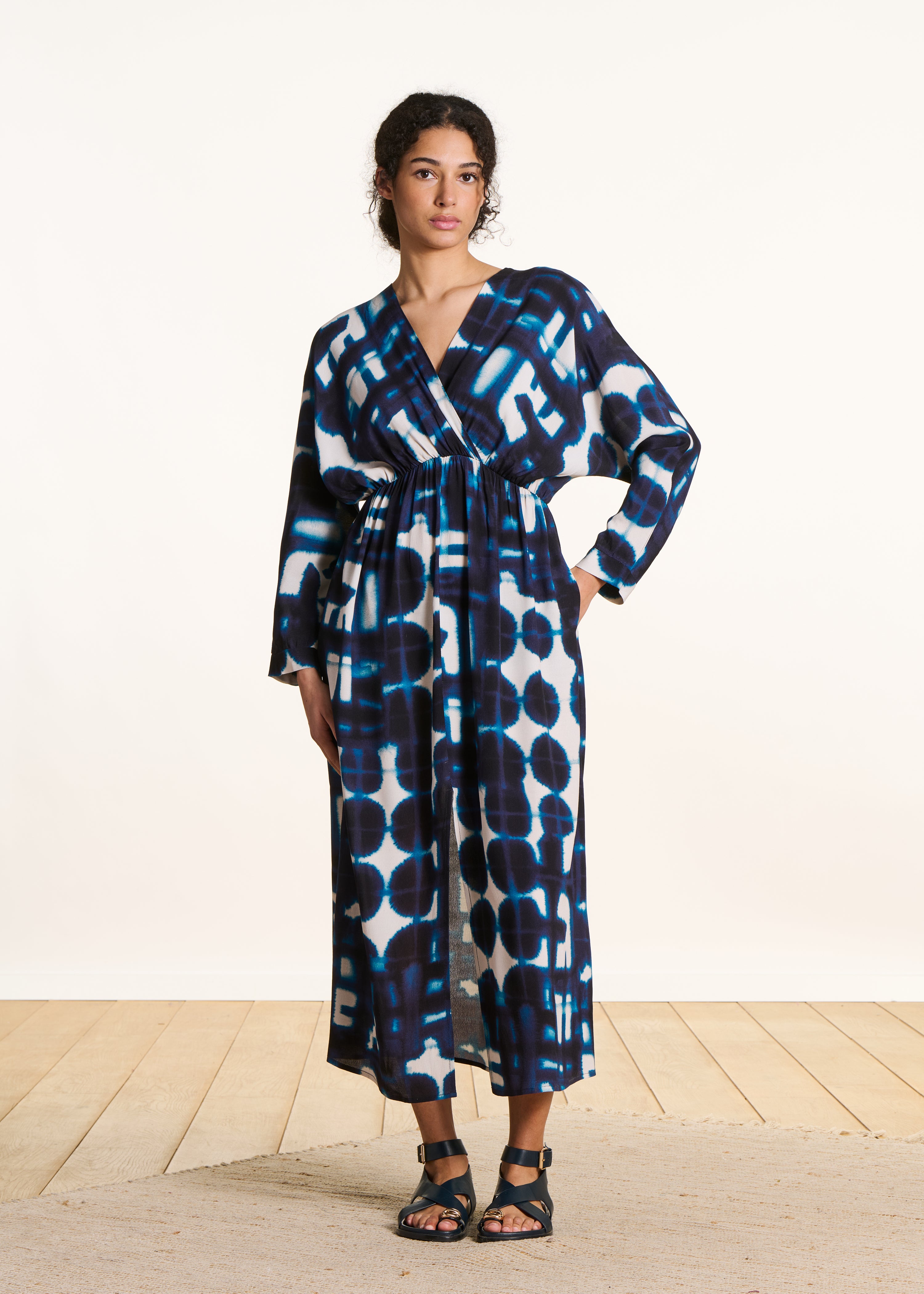 Long blue slit dress with print