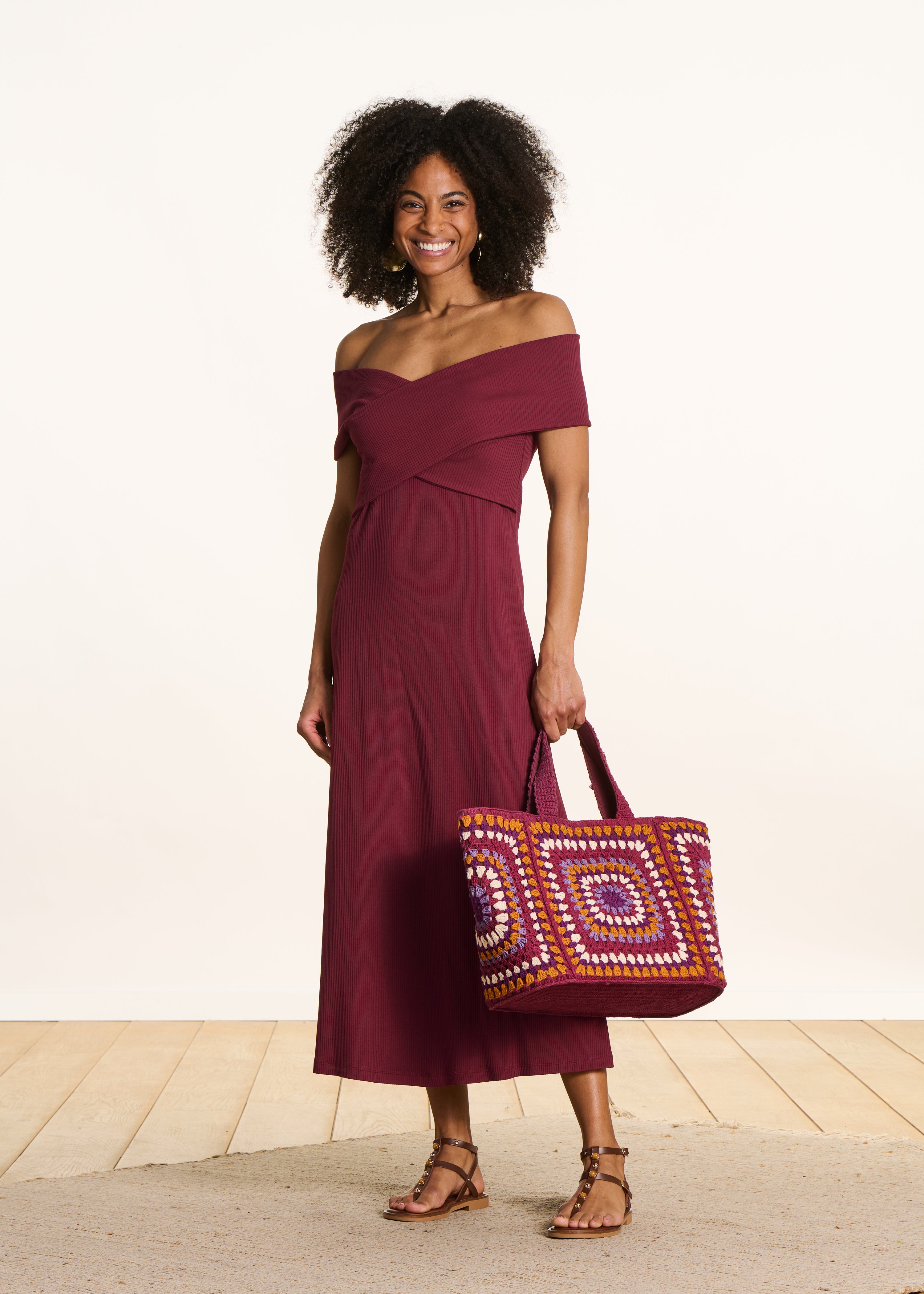 Fitted Bordeaux Midi Dress with Crossed Bardot Neckline