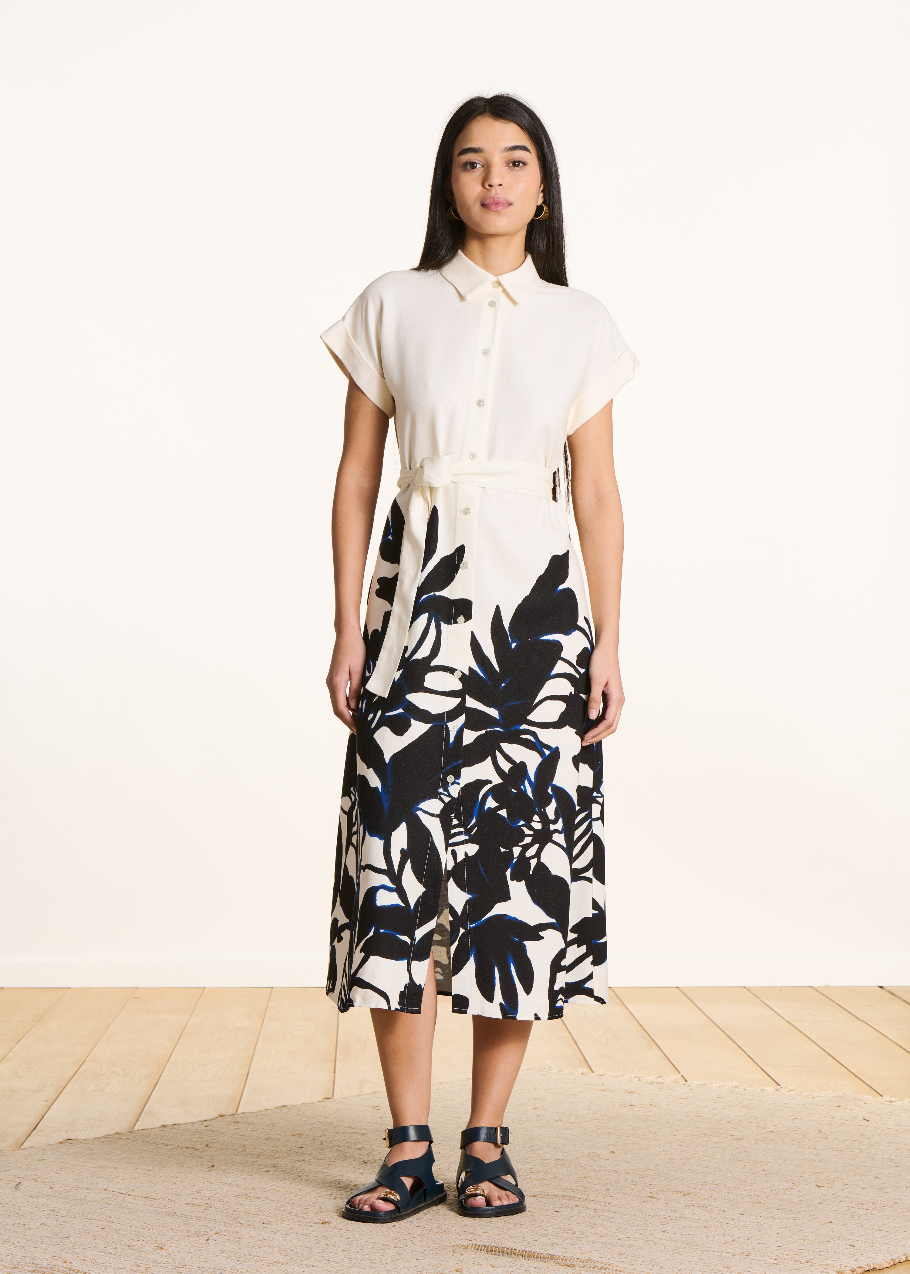 Long ecru shirt dress with black floral print