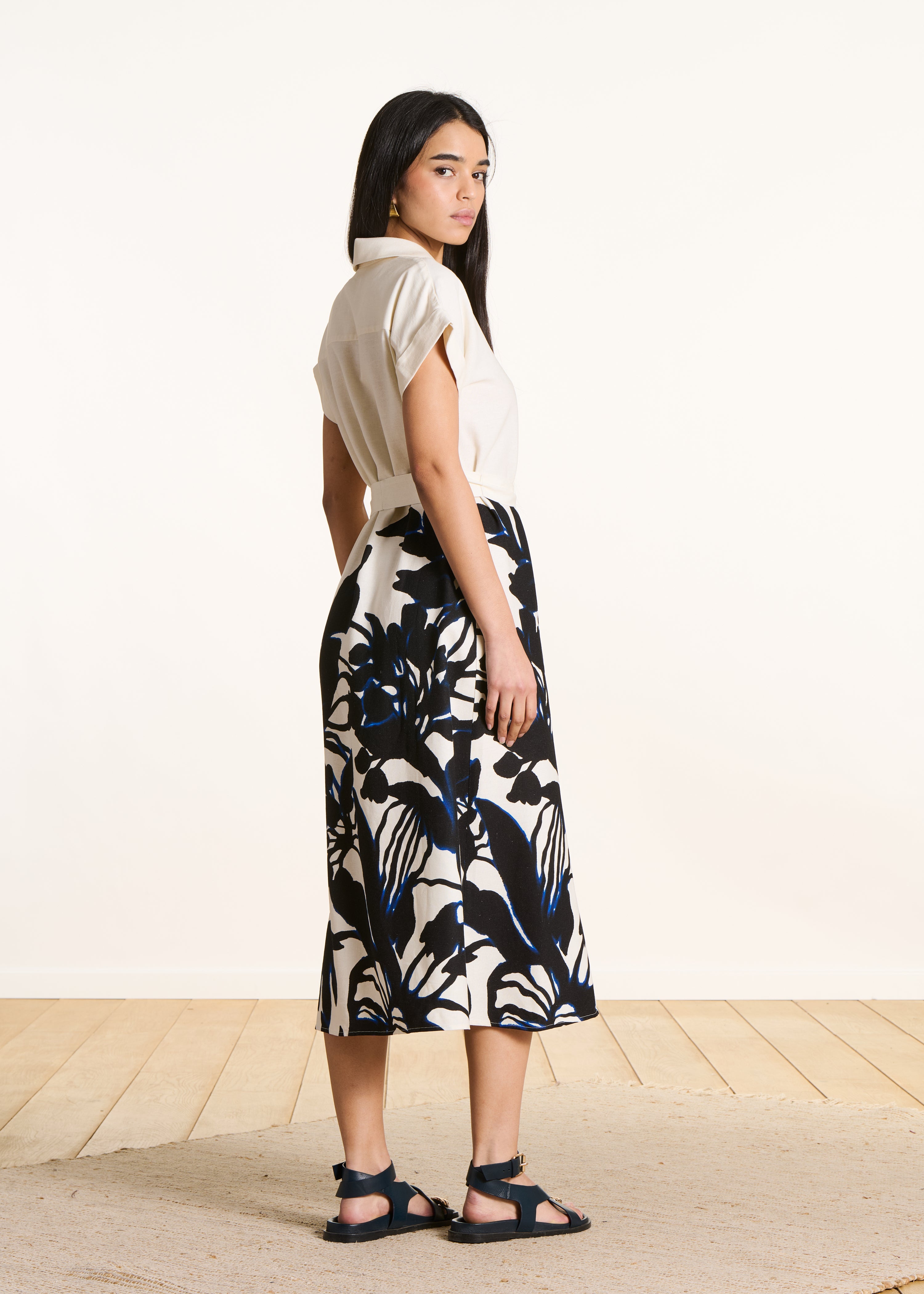 Long ecru shirt dress with black floral print