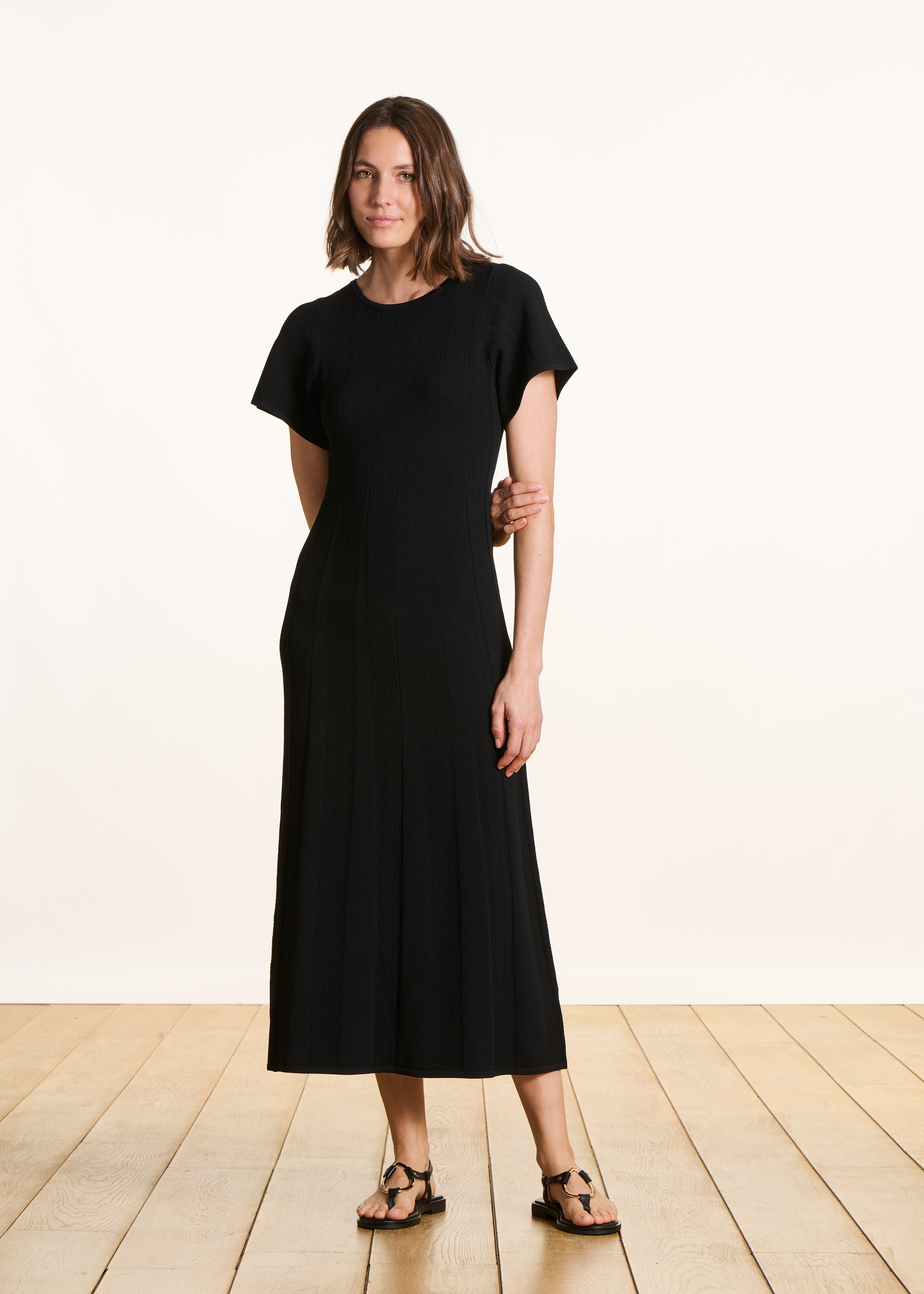 Black long knit dress with short sleeves