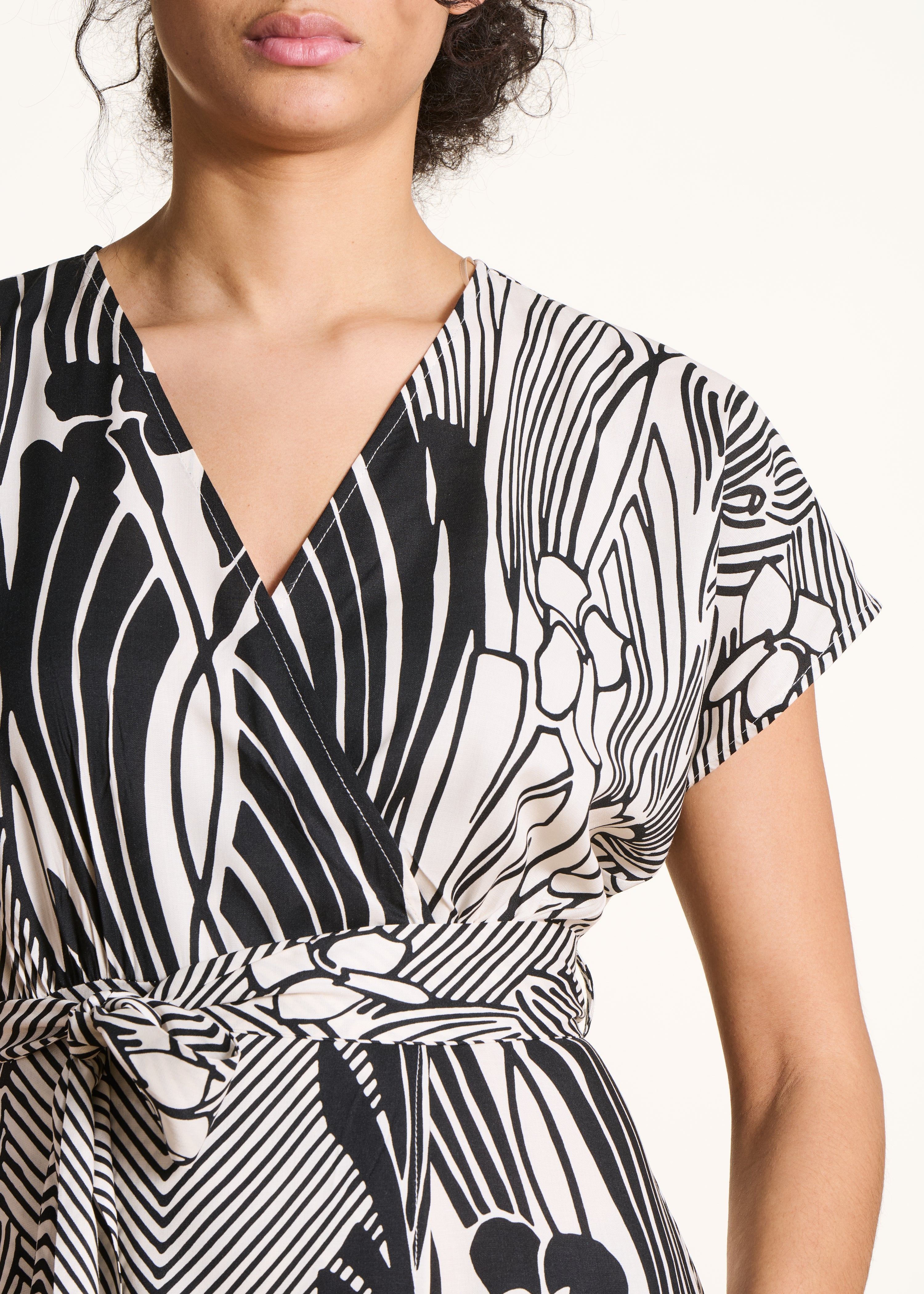 Long wrap dress with black and white print