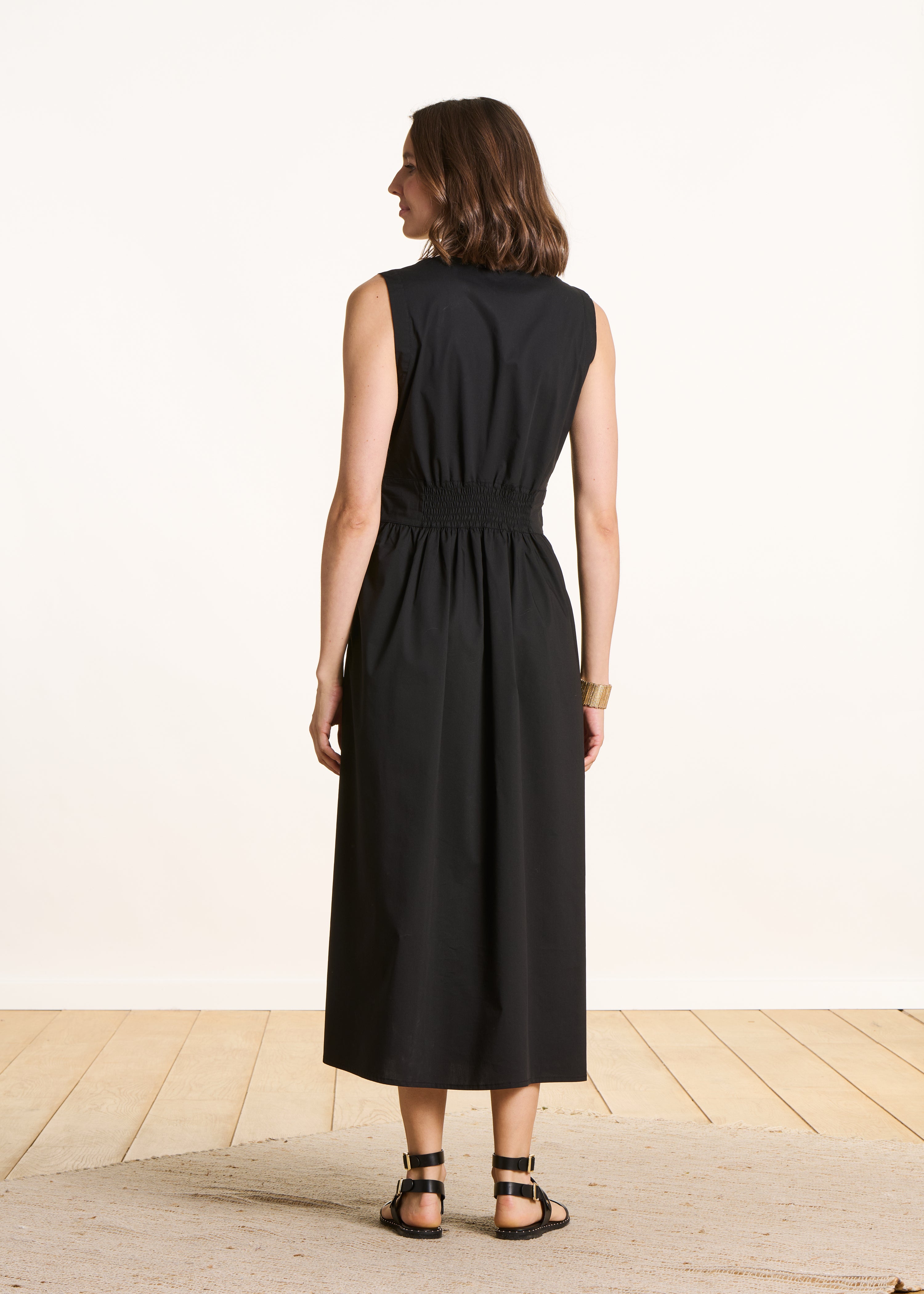 Black sleeveless long dress in cotton poplin