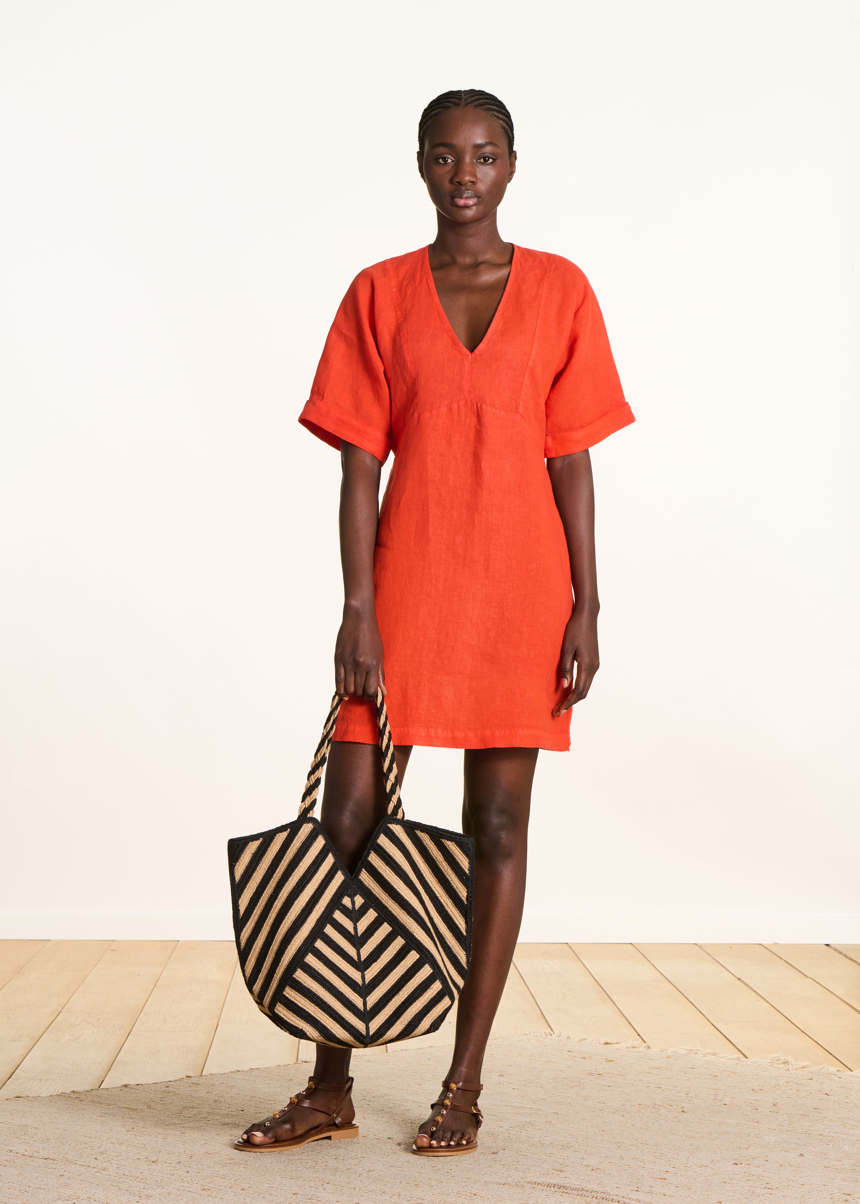 Loose short orange linen dress with V-neck