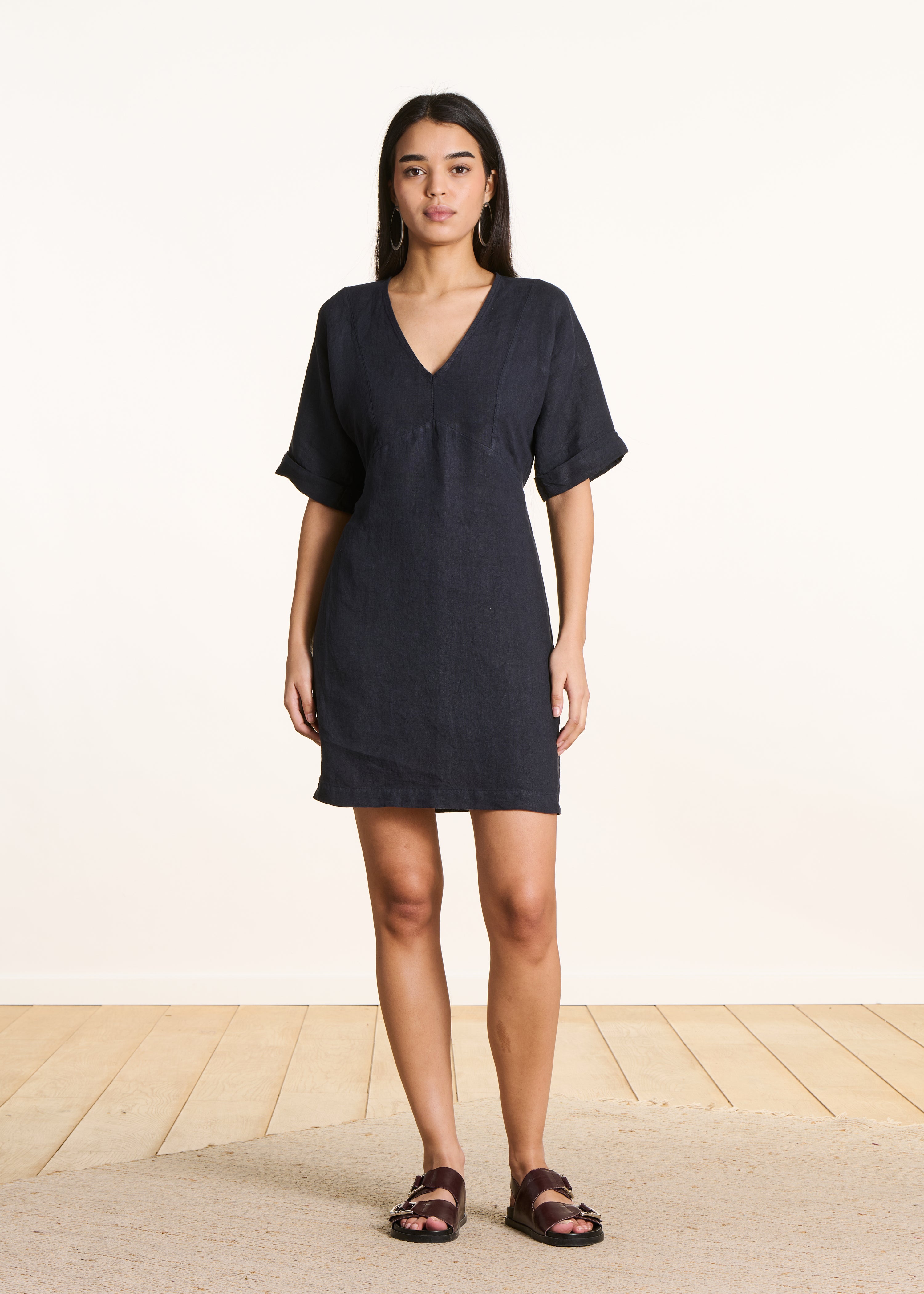 Loose short dark blue linen dress with V-neck