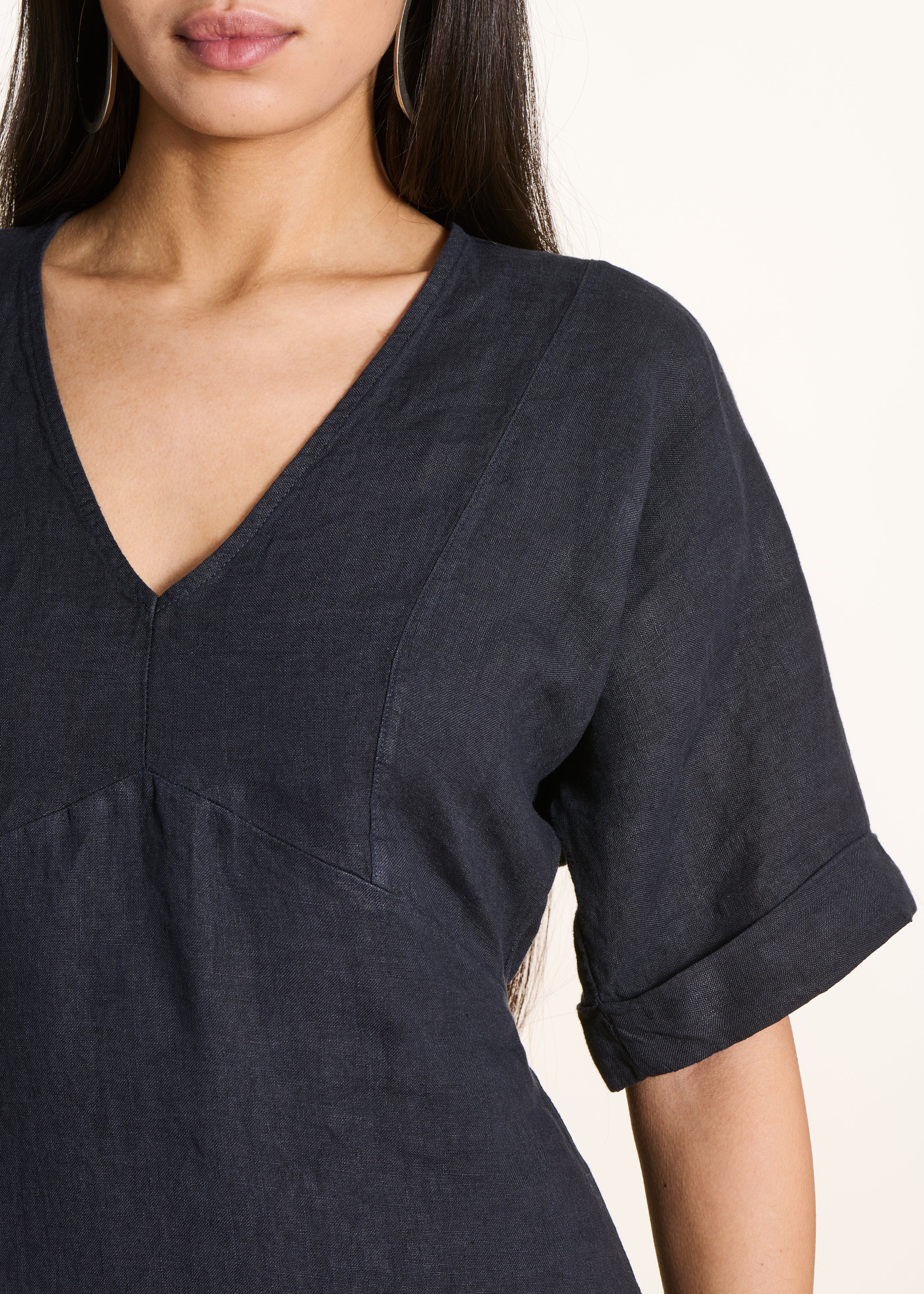 Loose short dark blue linen dress with V-neck