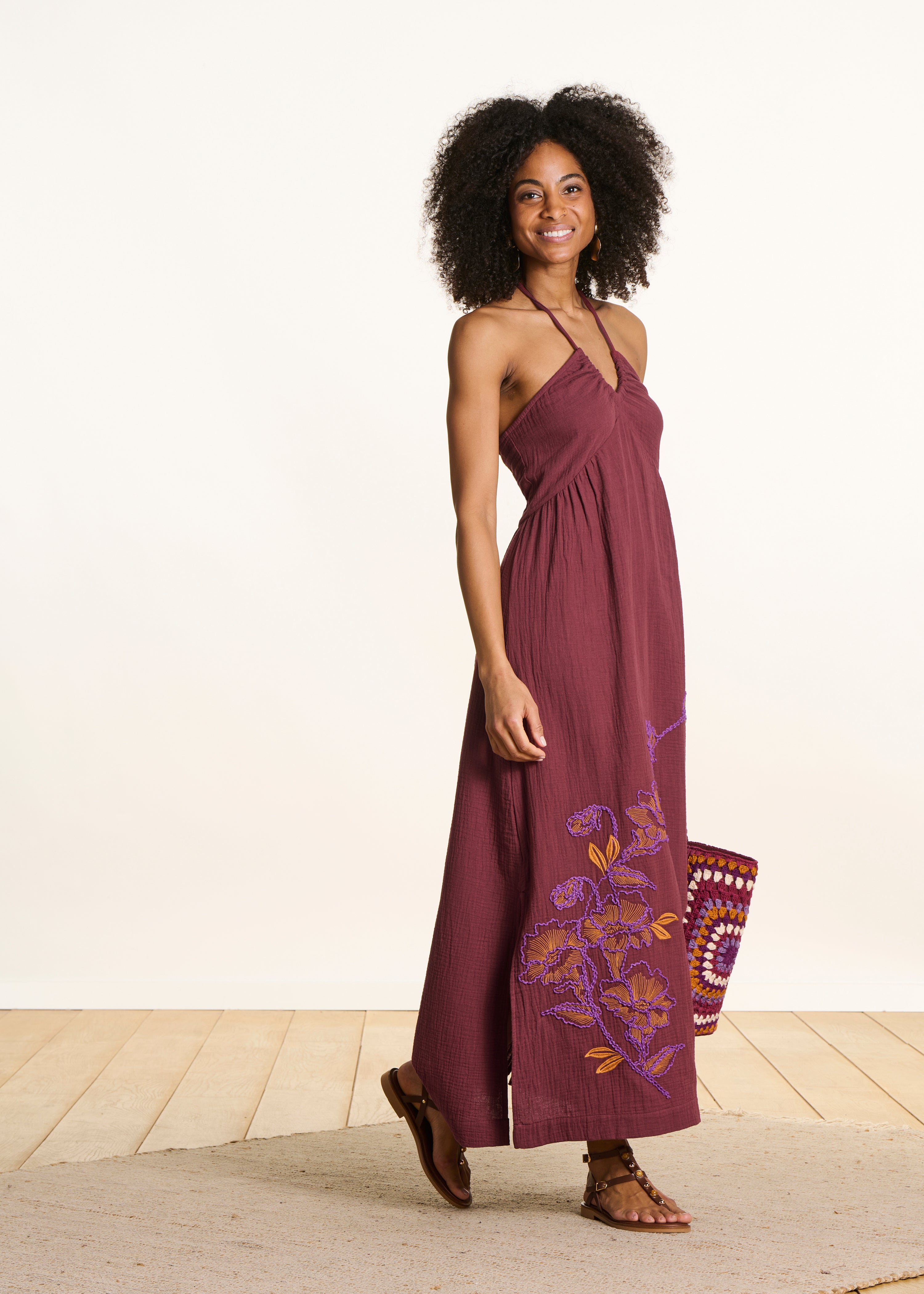 Robe longue bustier en gaze de coton marron brodée