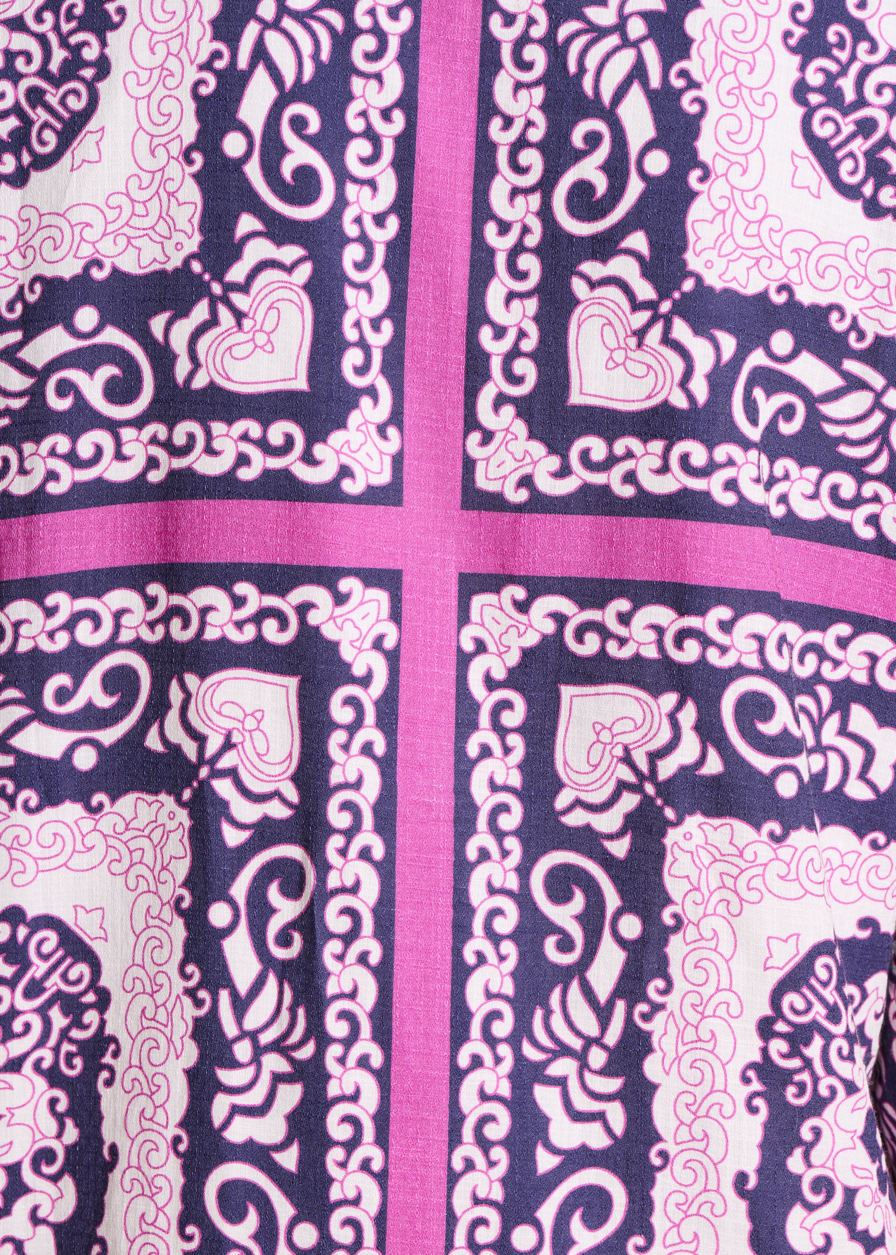 Abito corto dritto viola e rosa con stampa foulard