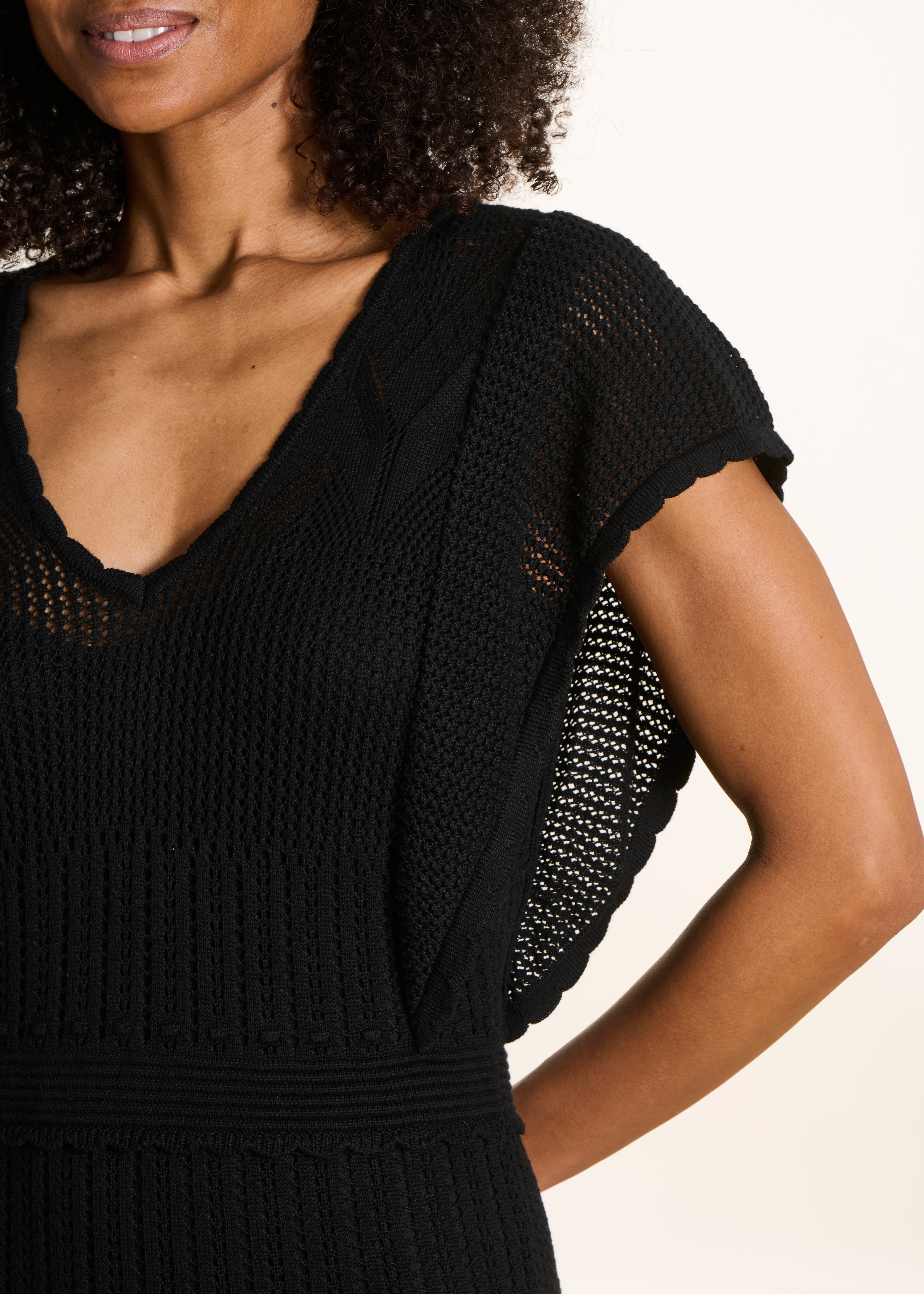 Black Long Dress in Pointelle Knit