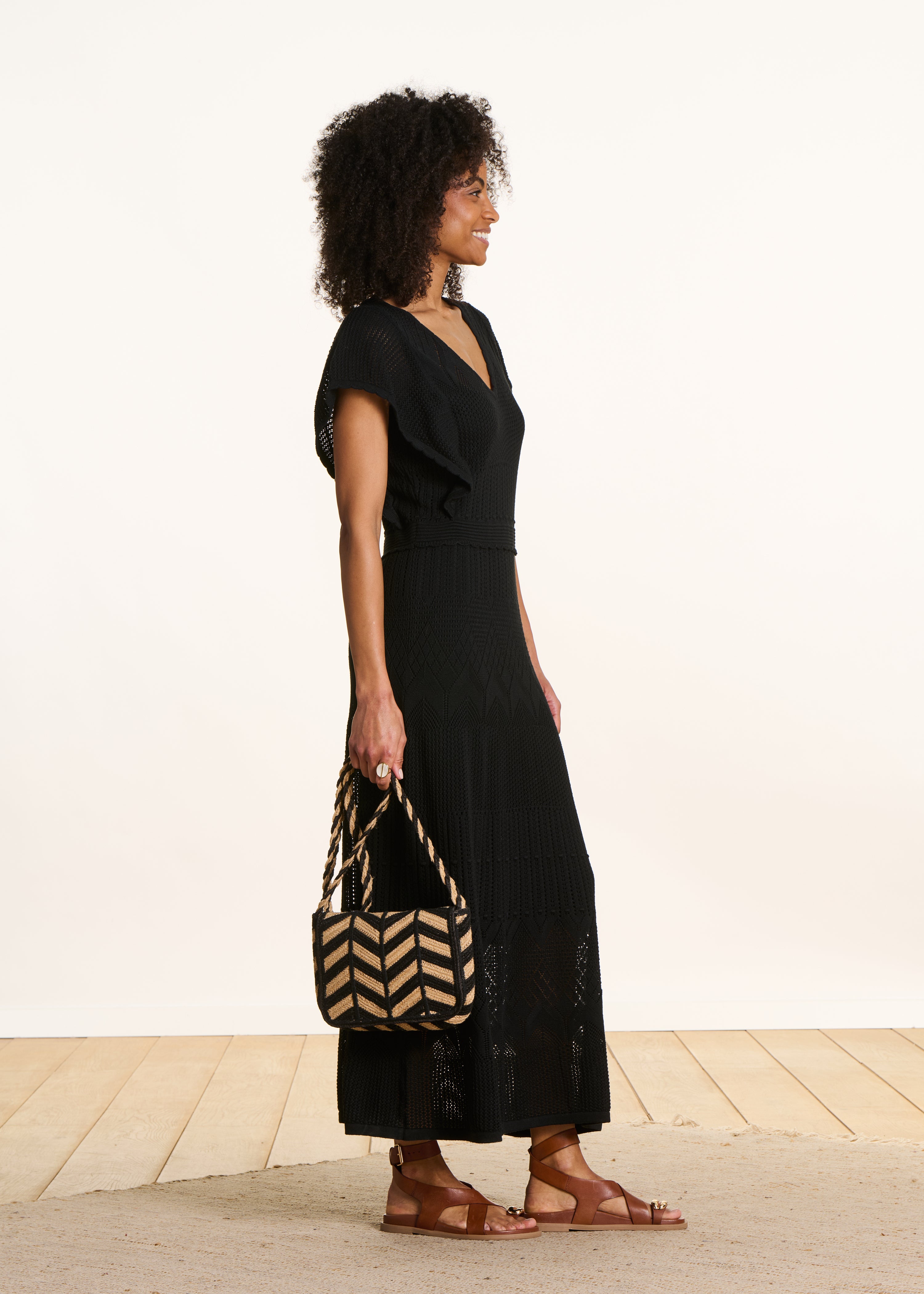 Black Long Dress in Pointelle Knit