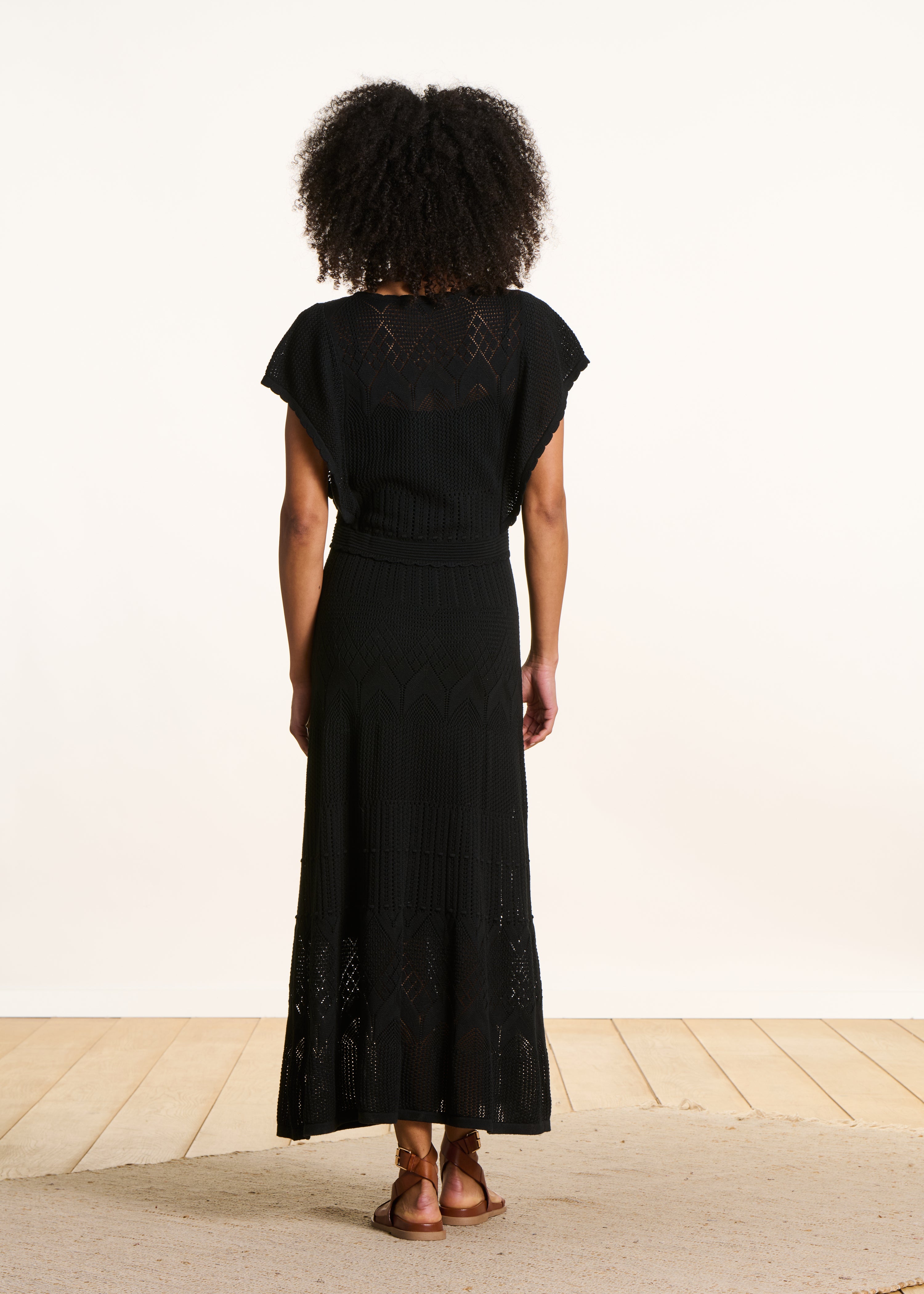 Black Long Dress in Pointelle Knit