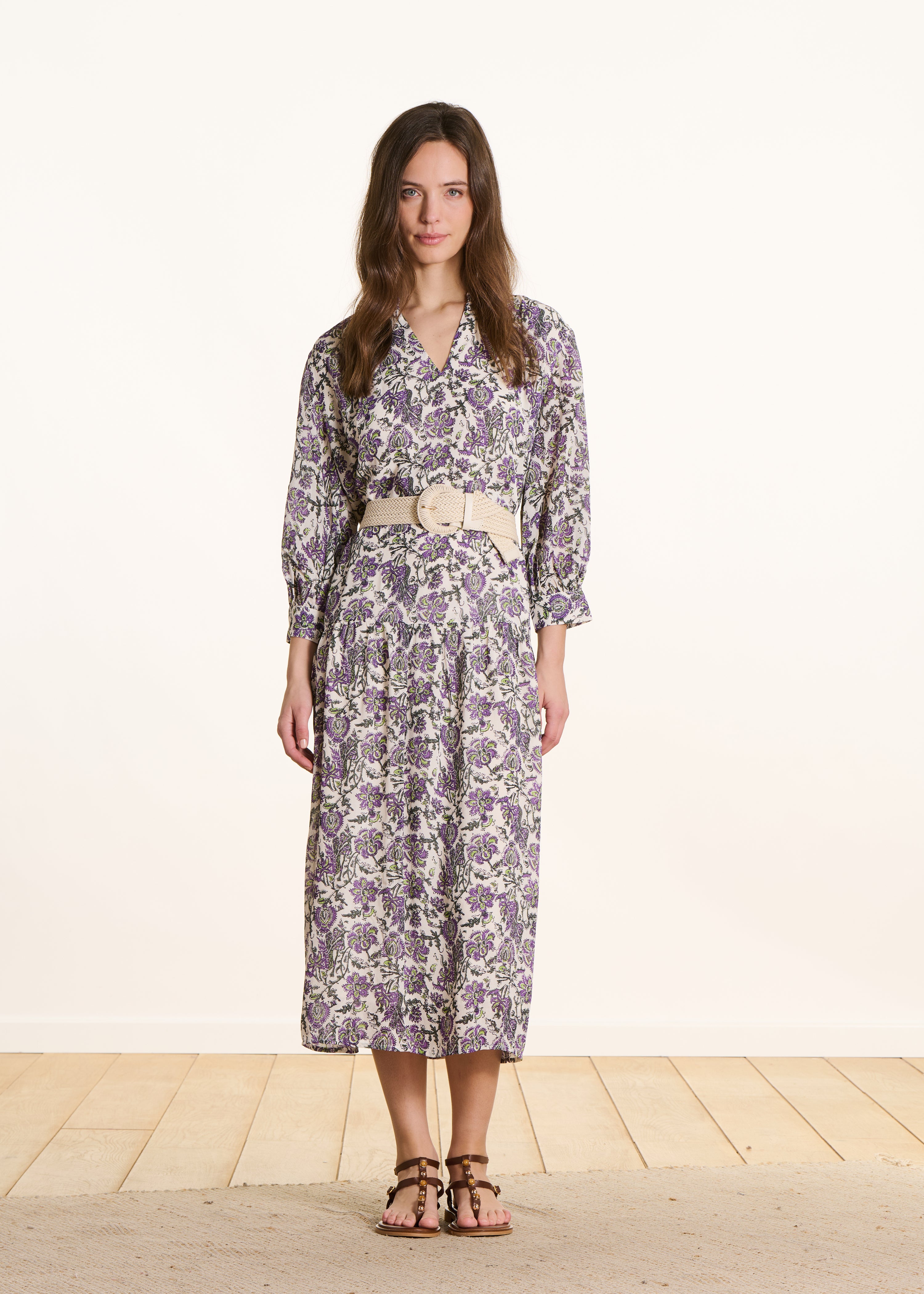 Oversized lange jurk in paars met bloemenprint