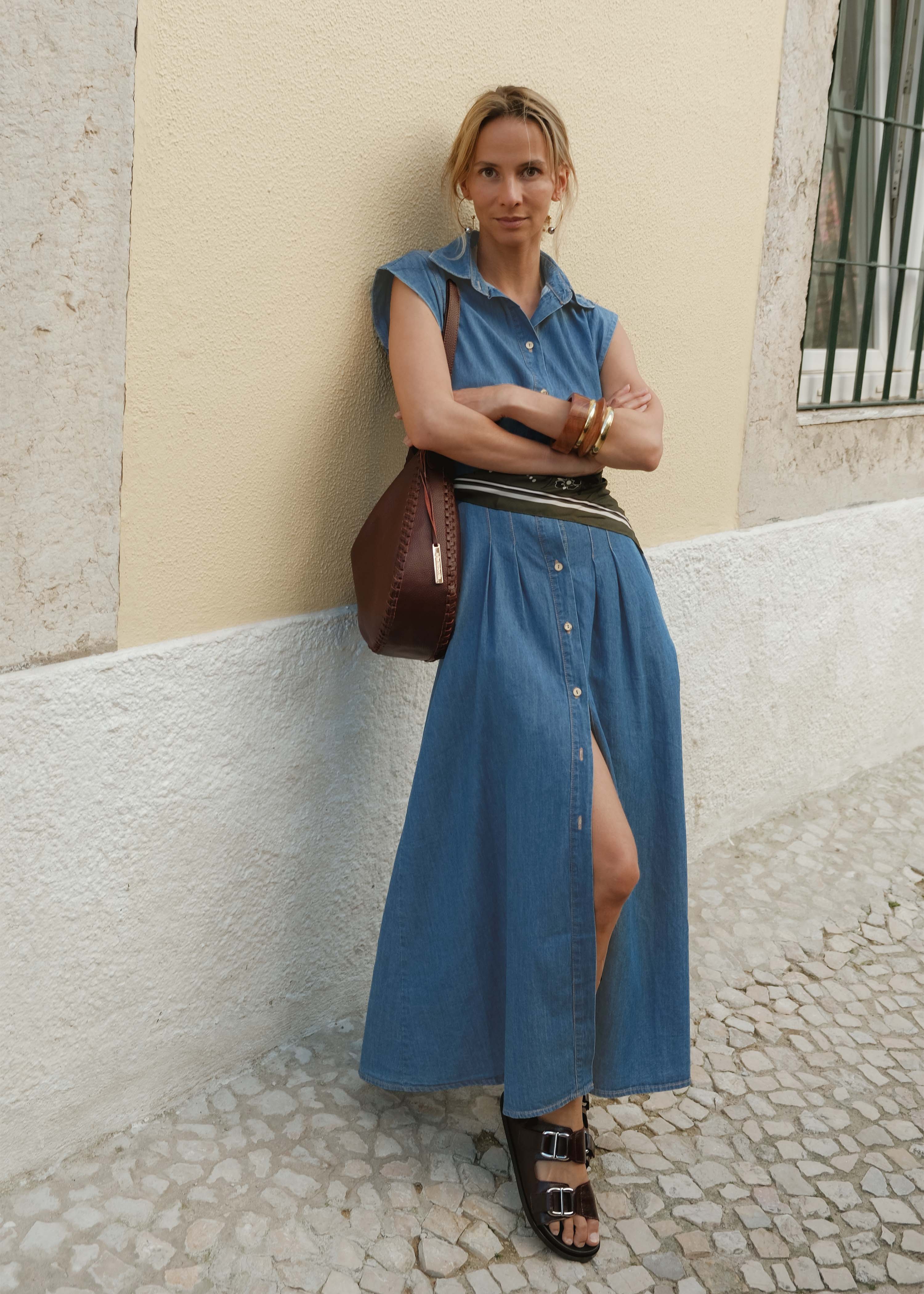 Long fitted soft denim shirt dress
