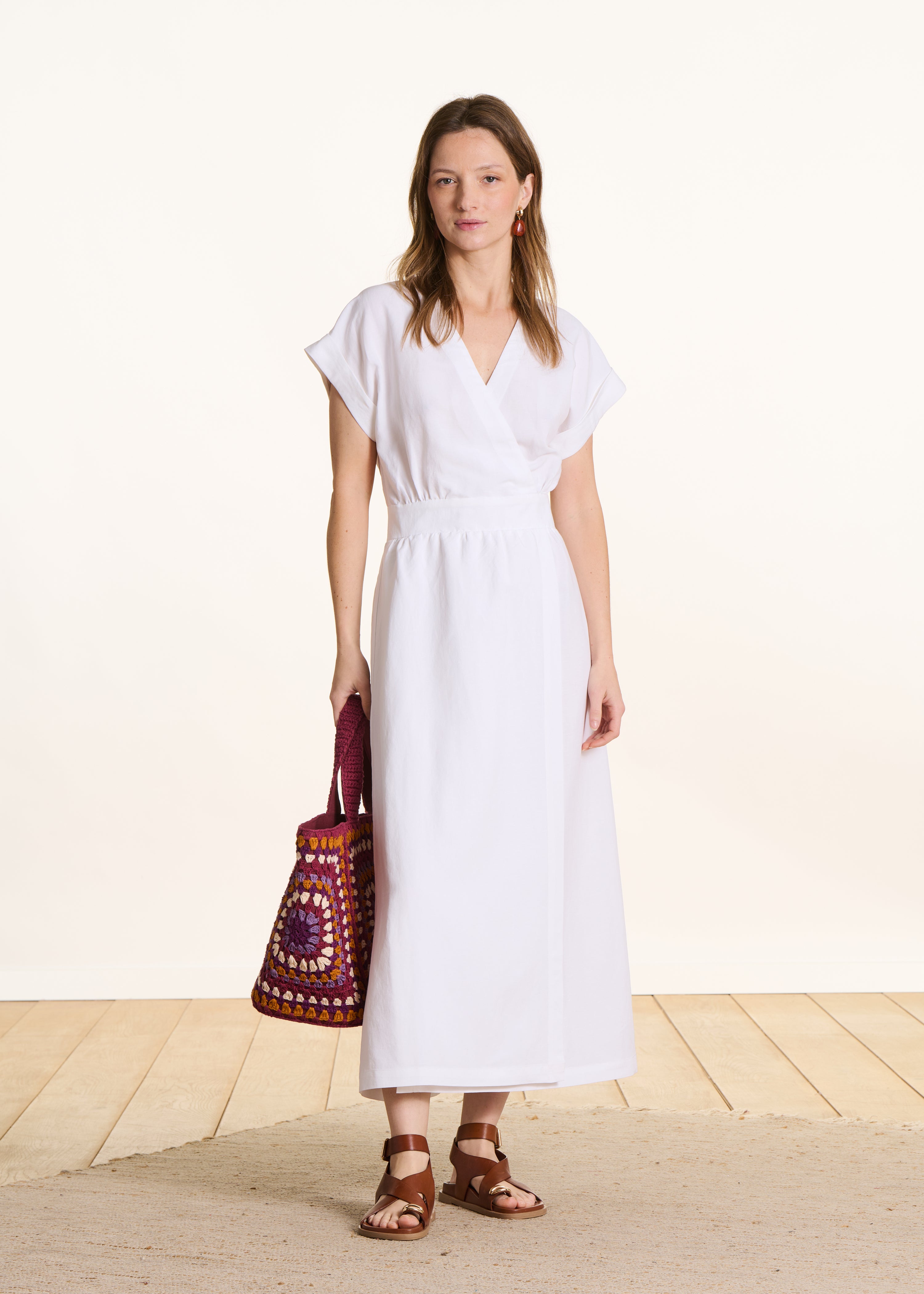 White fitted long wrap dress in blended linen