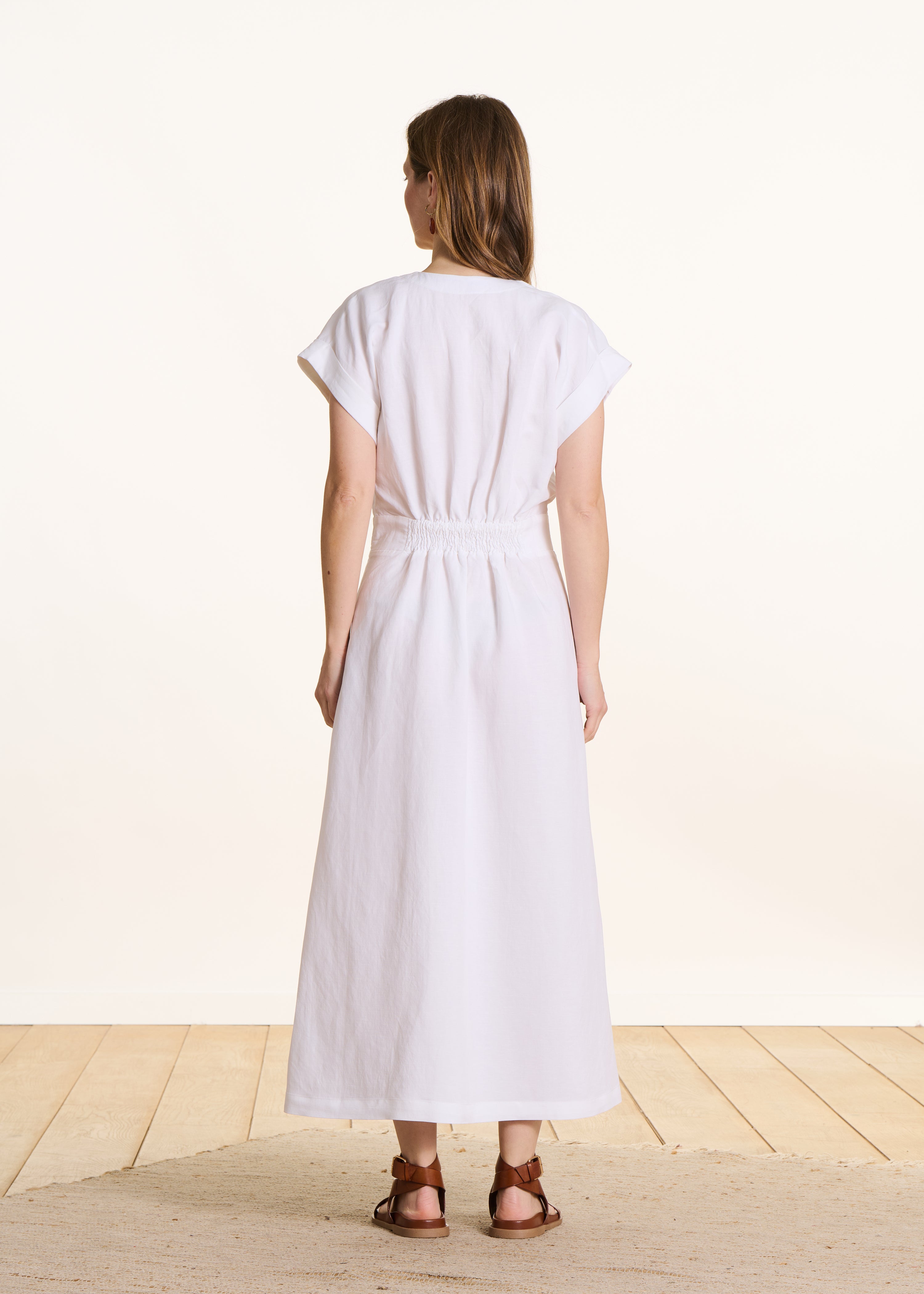 White fitted long wrap dress in blended linen