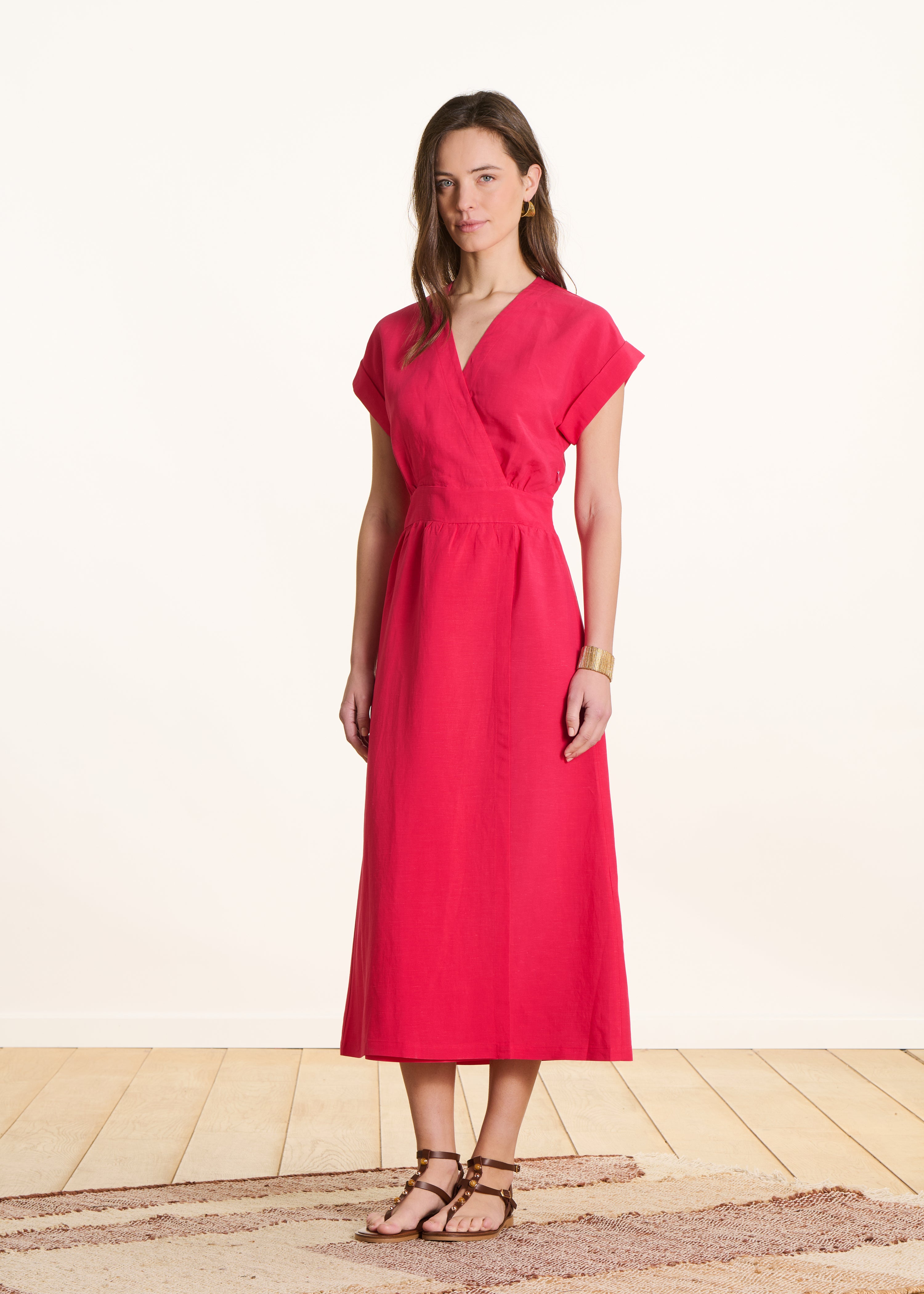 Fitted long fuchsia pink wrap dress in blended linen
