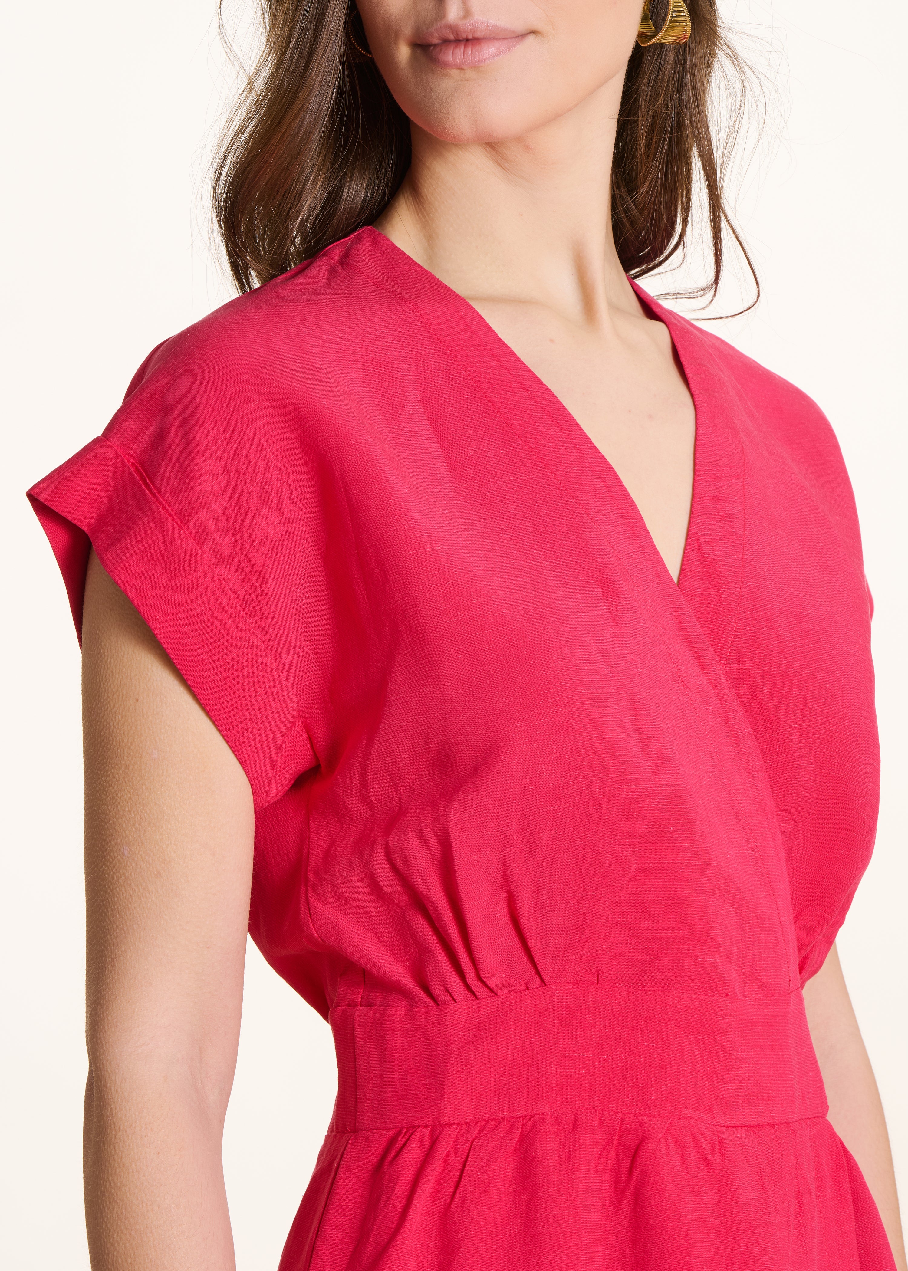 Fitted long fuchsia pink wrap dress in blended linen