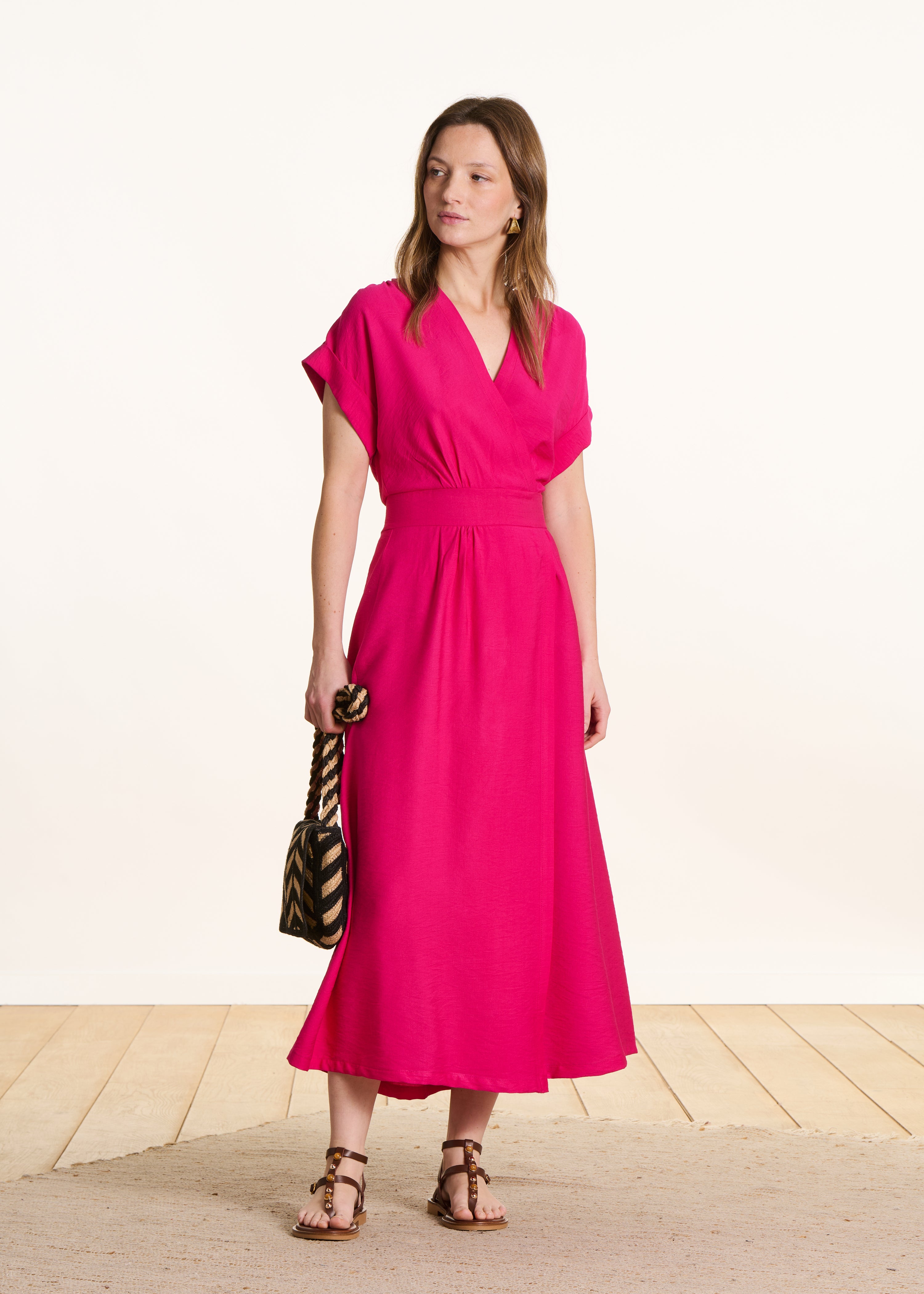 fitted long dress in fuchsia pink with wrap front Size:M | Atlantic Wash FEB23TEAL 1950's Style Tea Length
