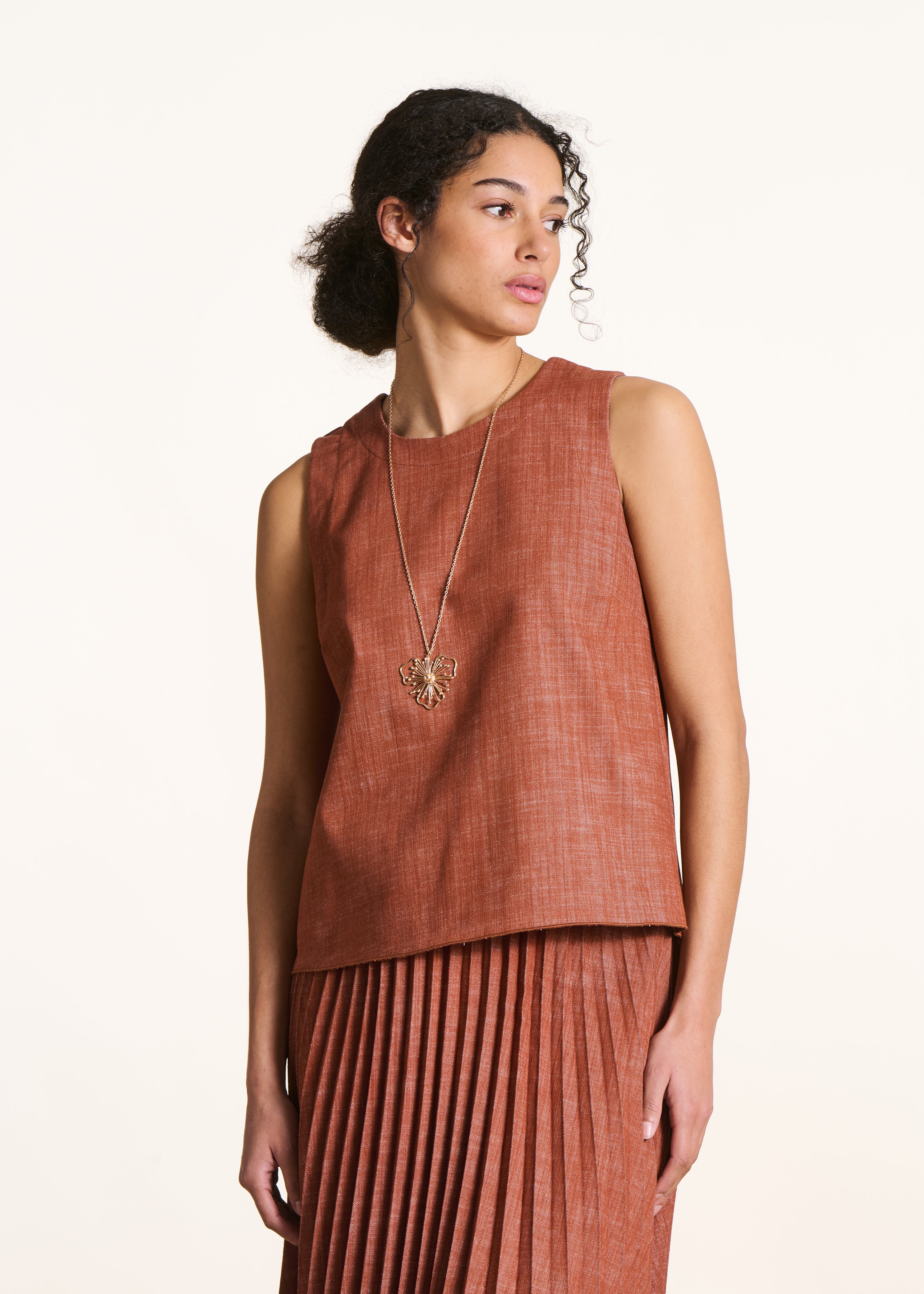 Terracotta sleeveless denim top