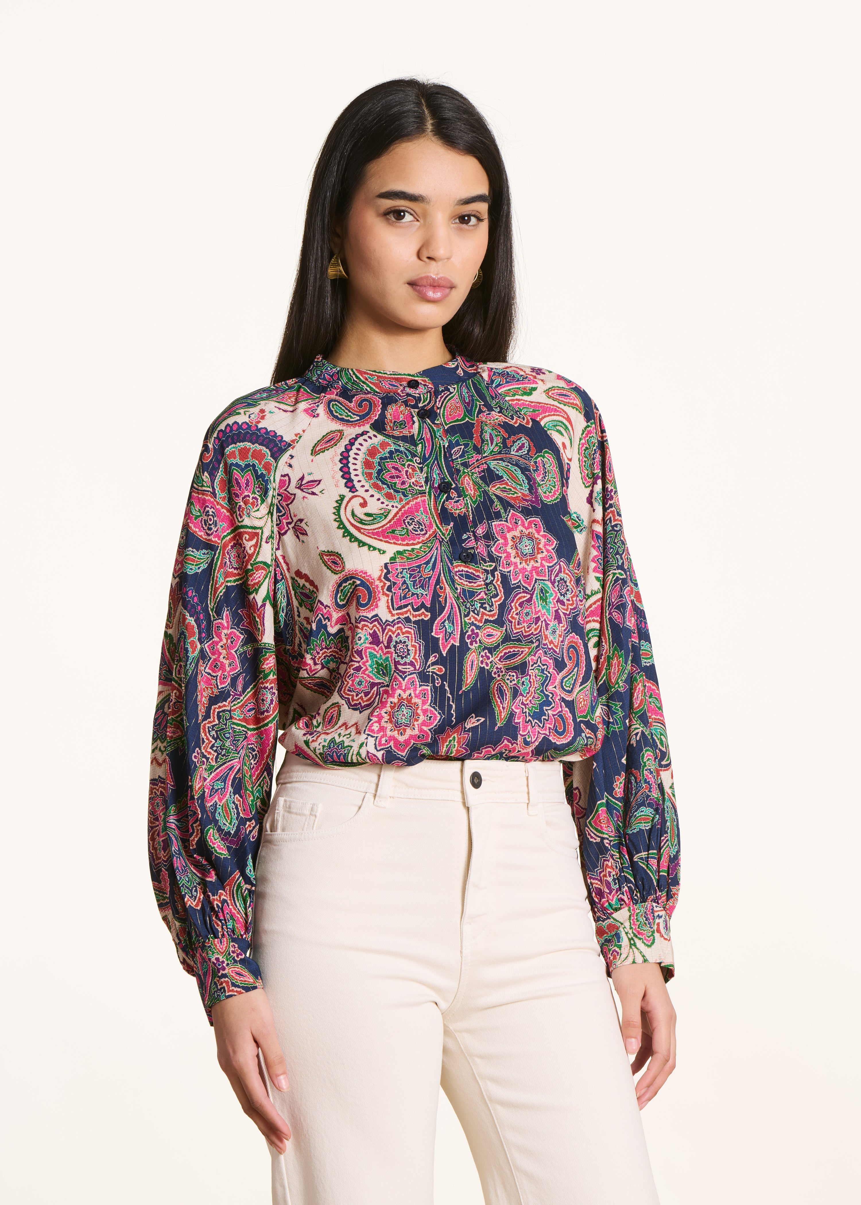 Blouse oversize à imprimé rose et bleu manches longues