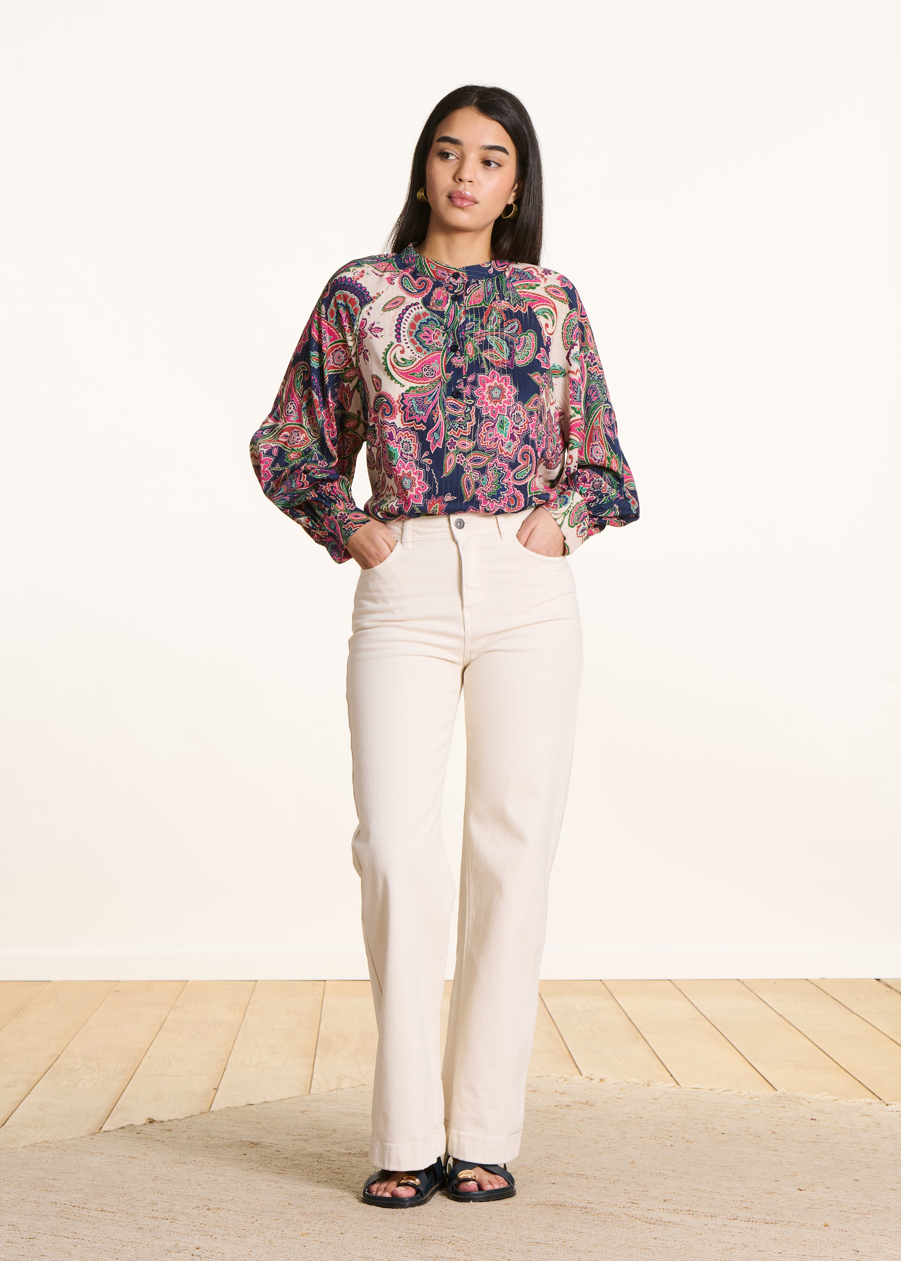 Blouse oversize à imprimé rose et bleu manches longues