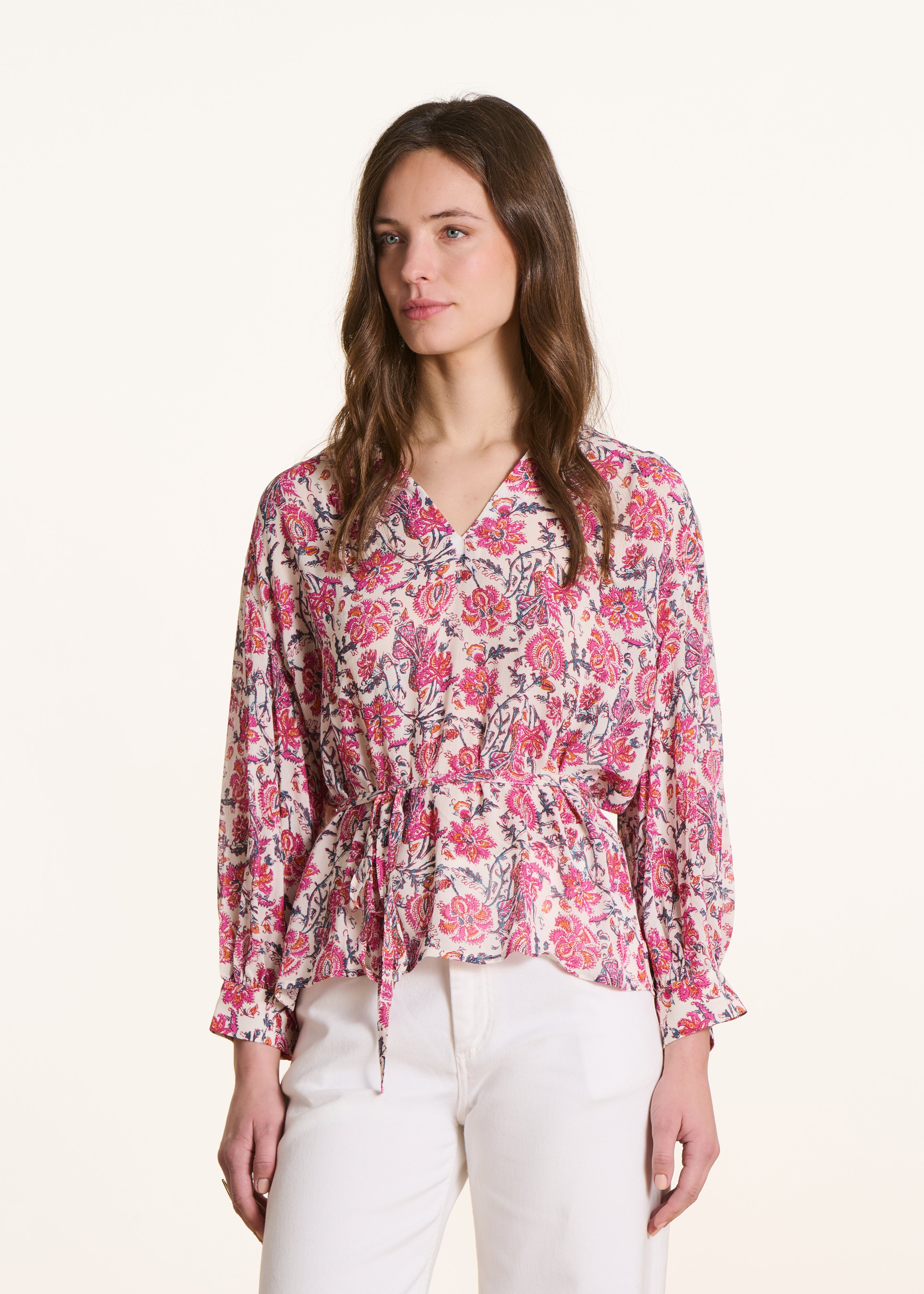 Top ample rose à imprimé floral manches longues