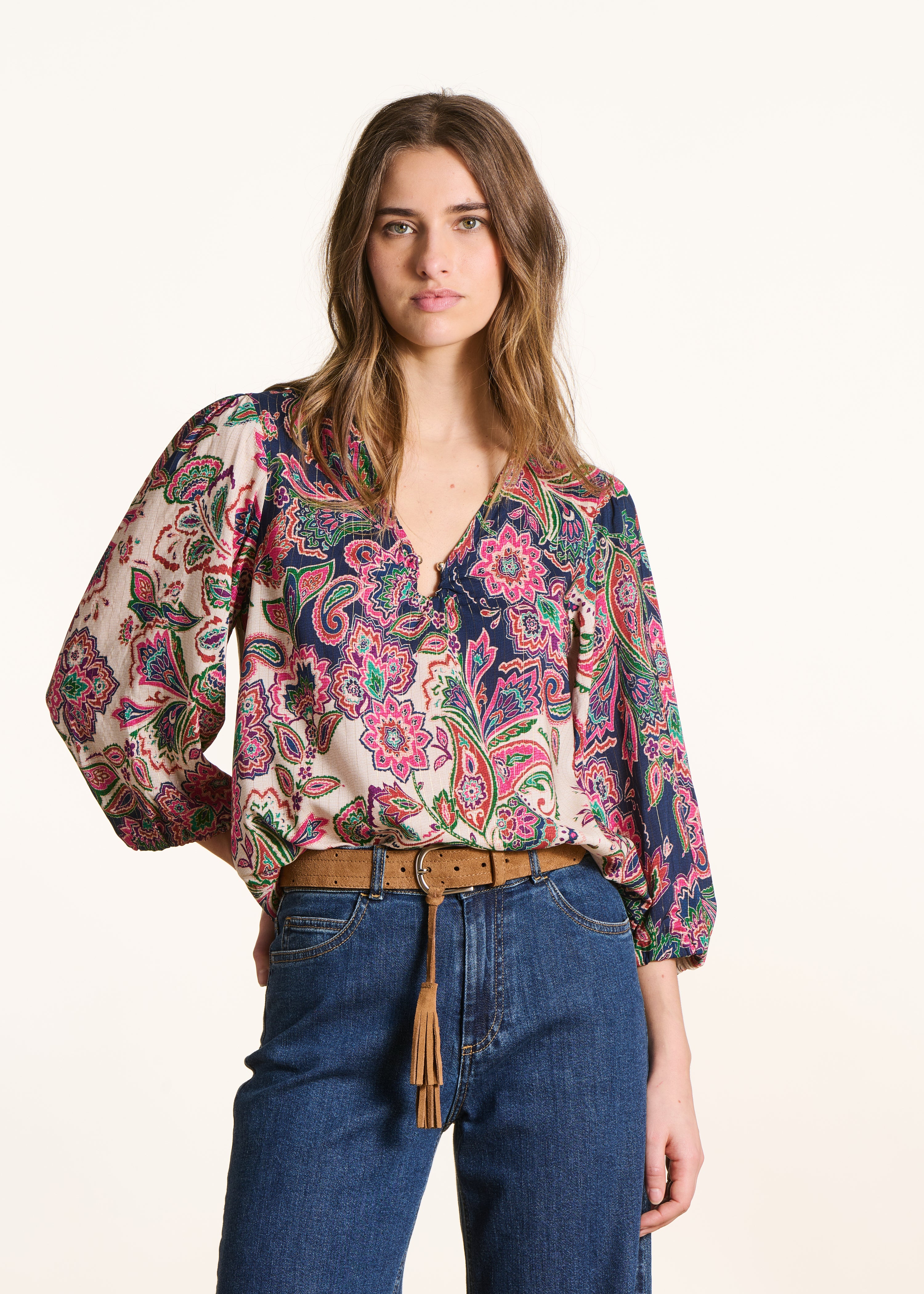 Pink and blue printed V-neck top with buckle