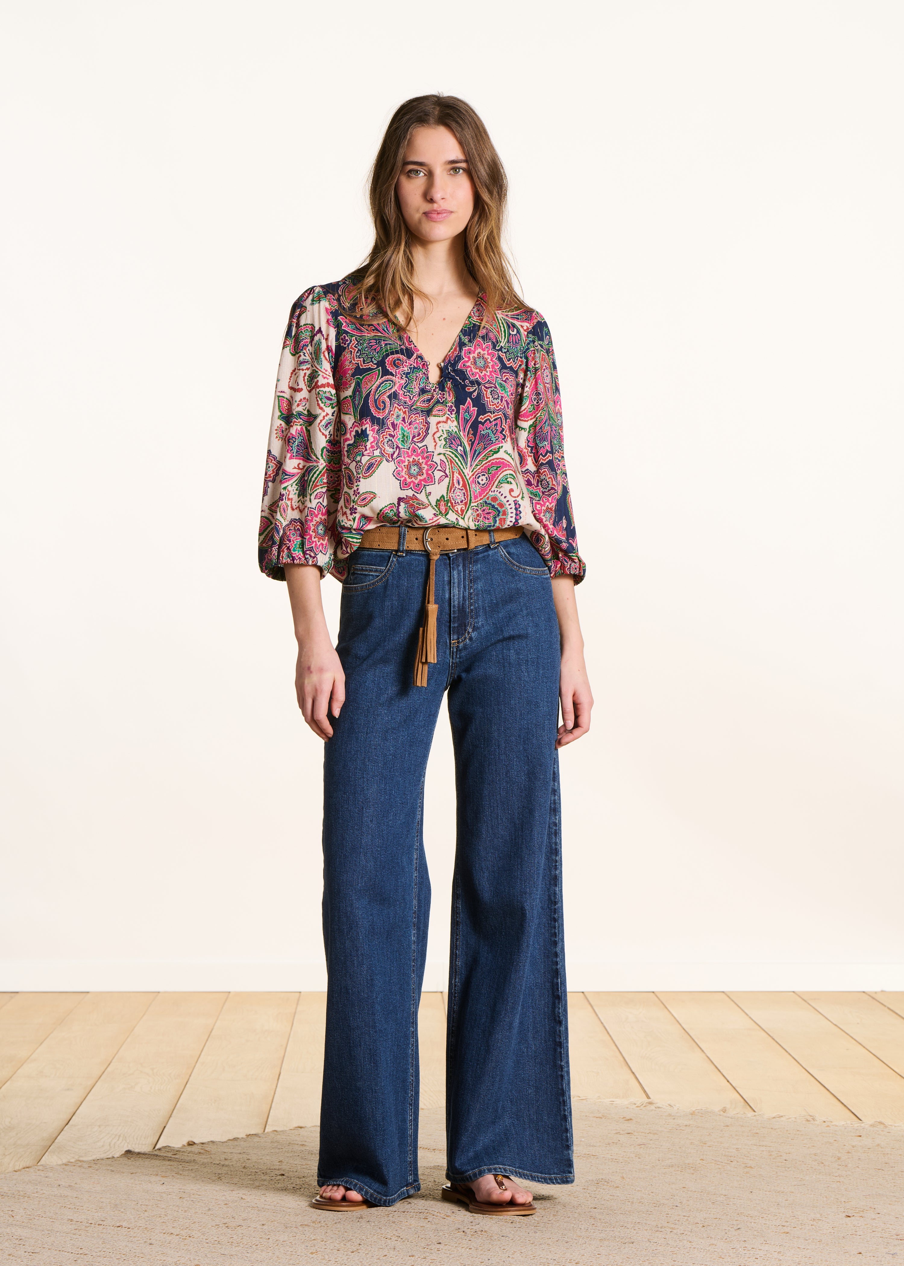 Pink and blue printed V-neck top with buckle