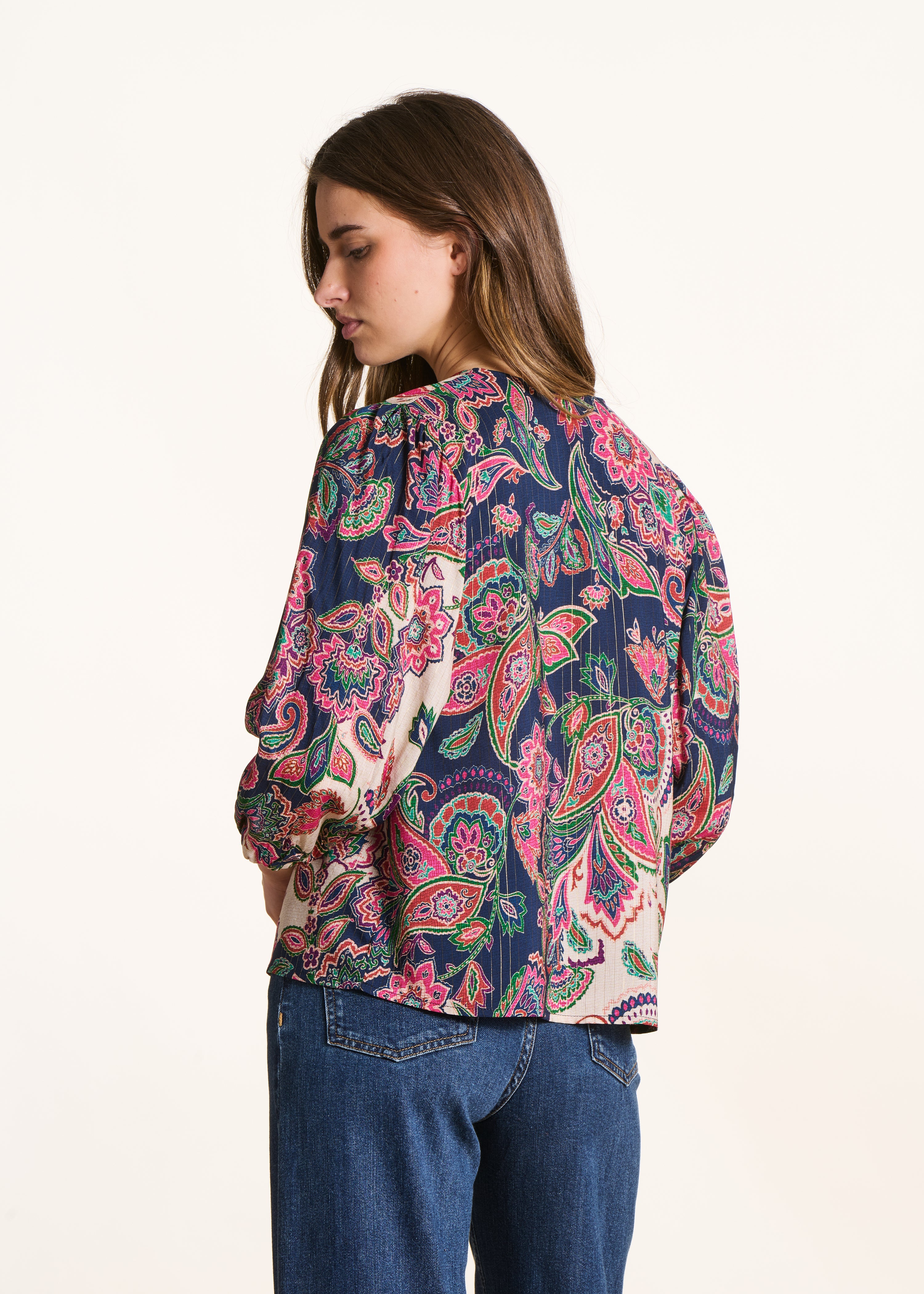 Pink and blue printed V-neck top with buckle