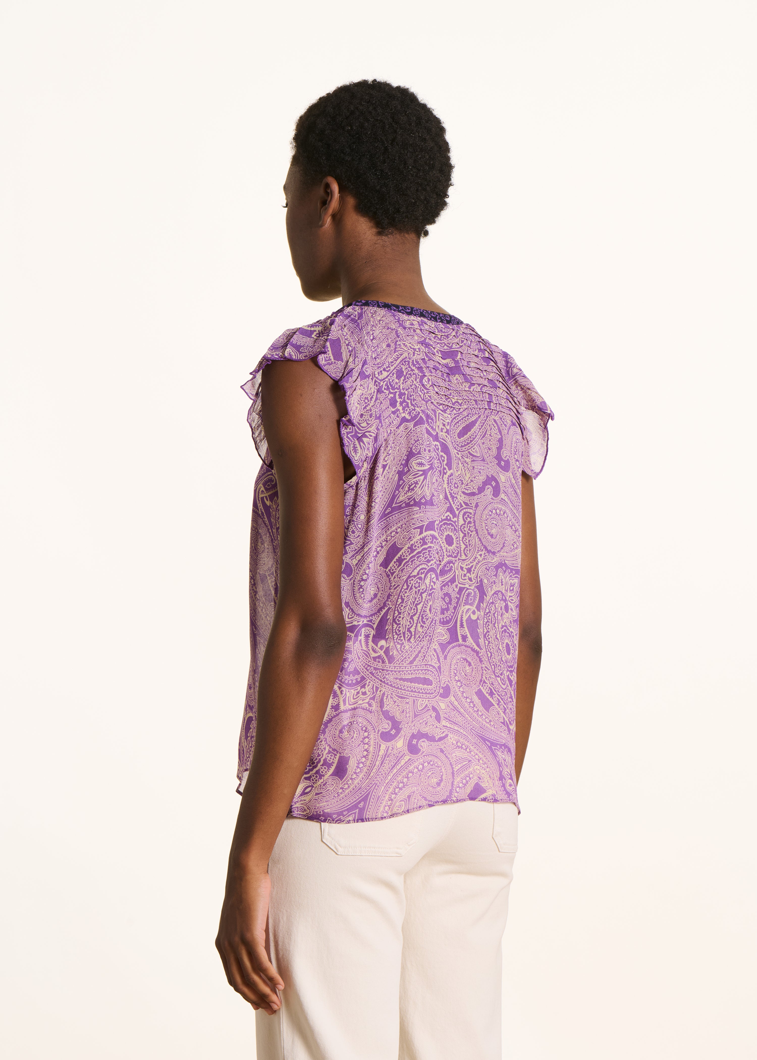 Mouwloze top van paarse voile met print