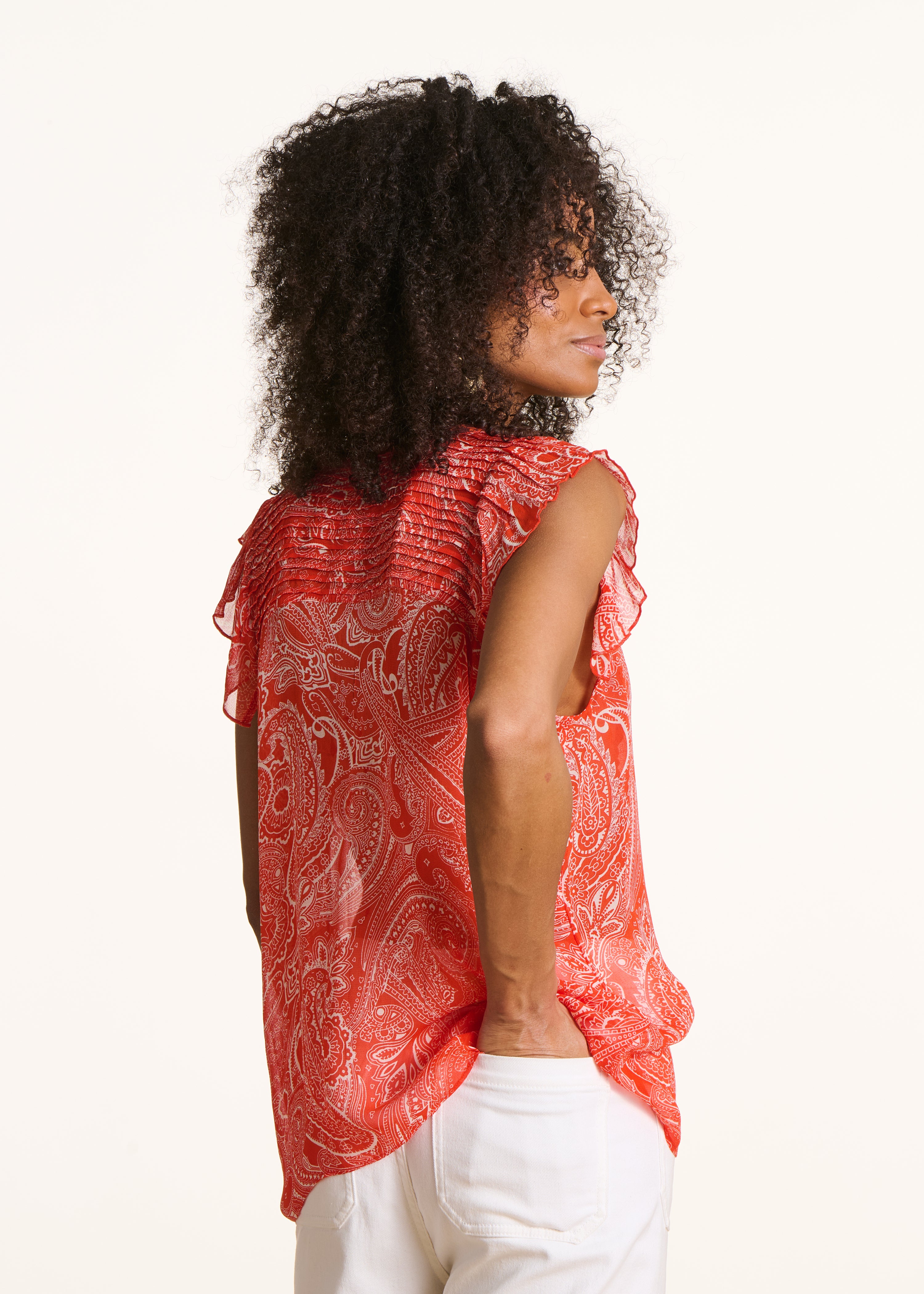 Top senza maniche in voile arancione con stampa