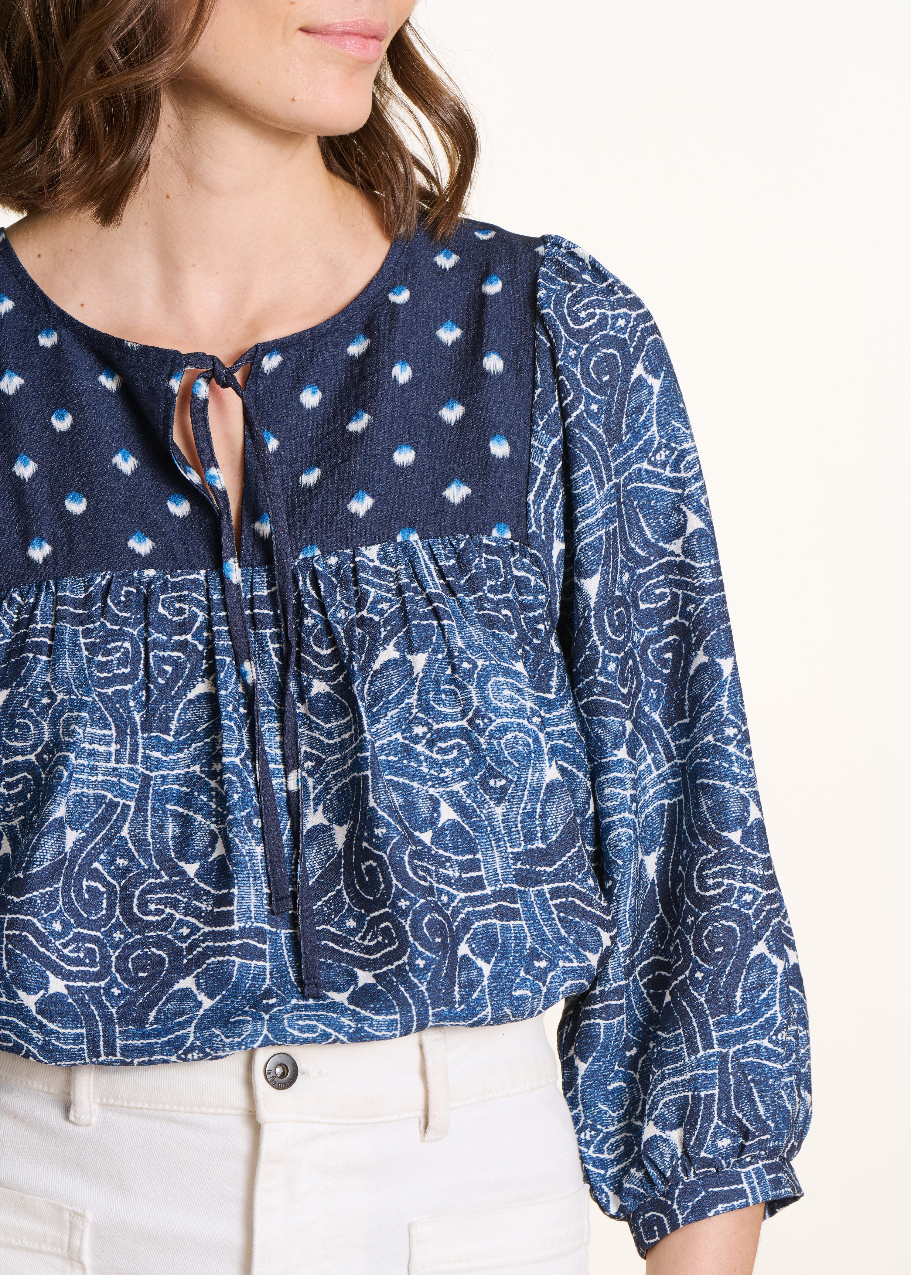 Blue patchwork printed top with three-quarter sleeves