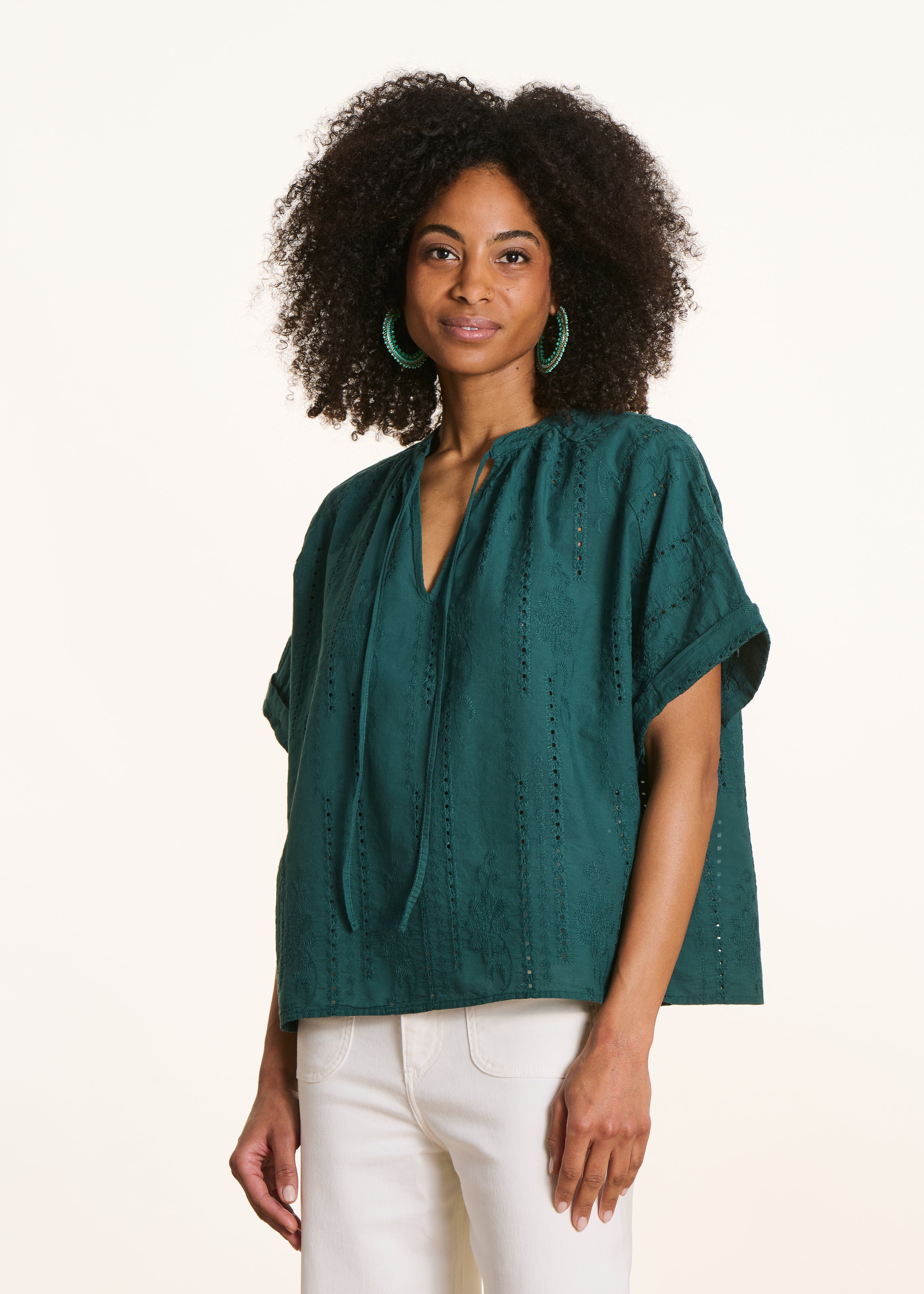 Loose blouse in dark green eyelet embroidery