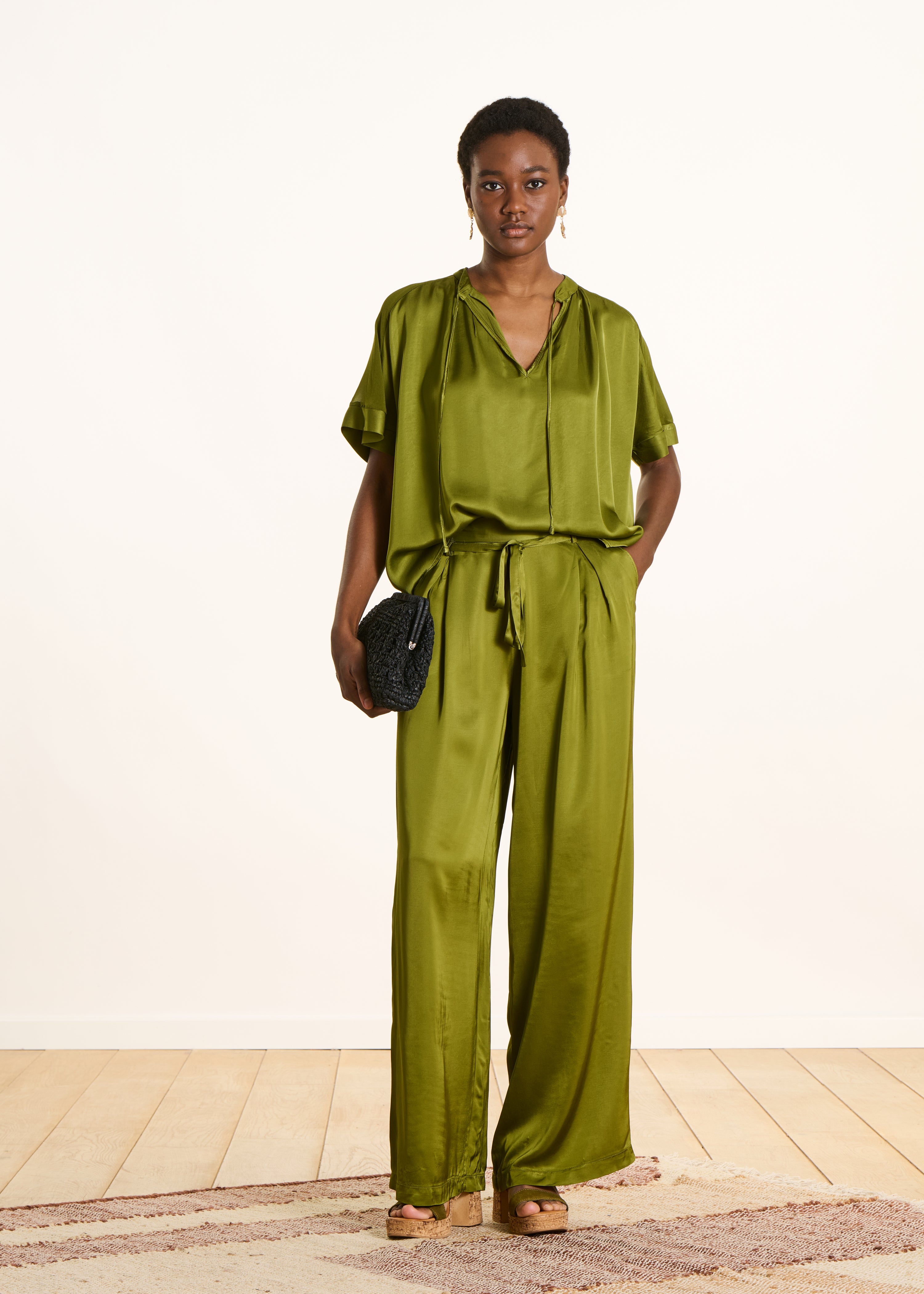 Loose green satin blouse