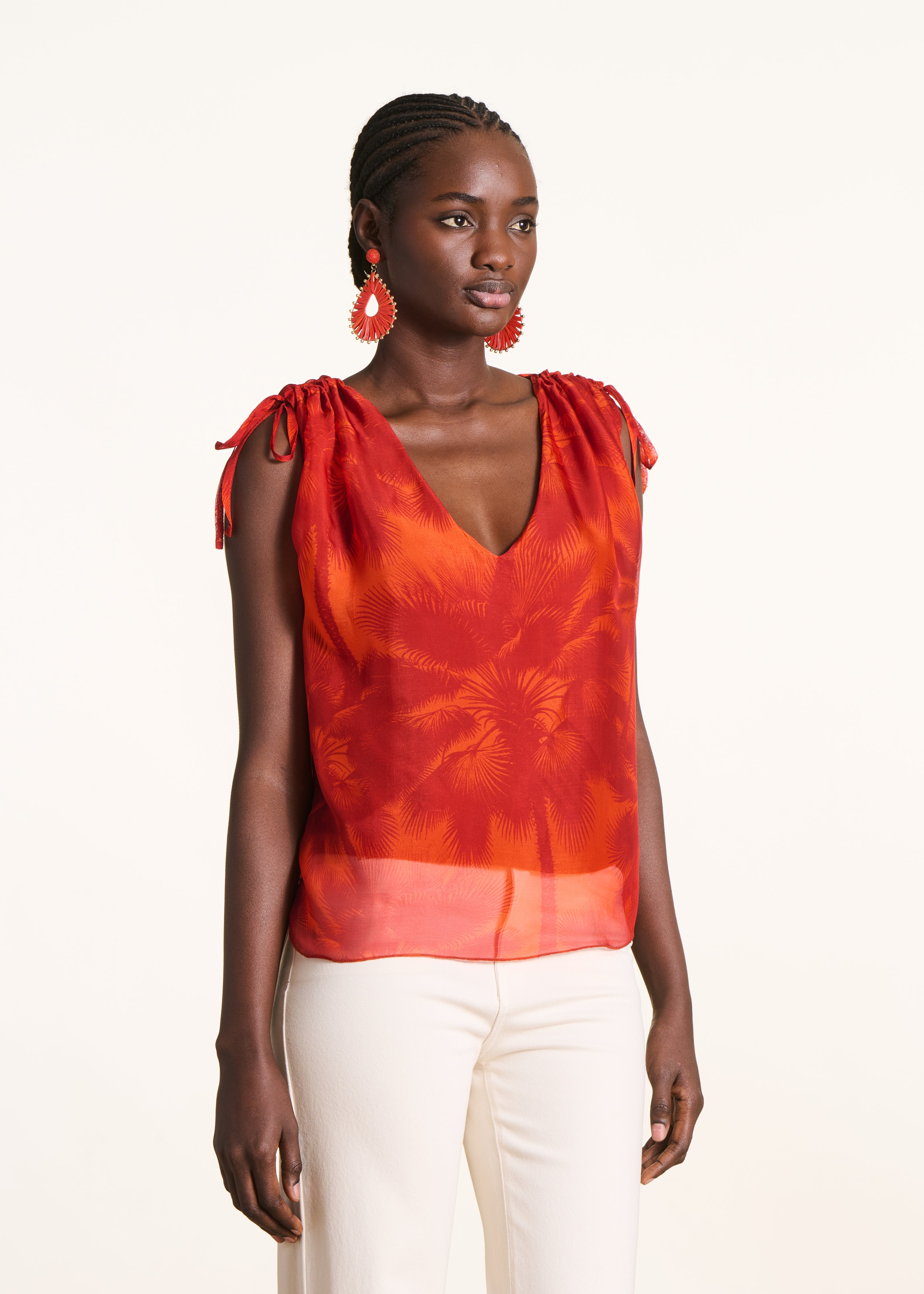 Orange floral print voile top
