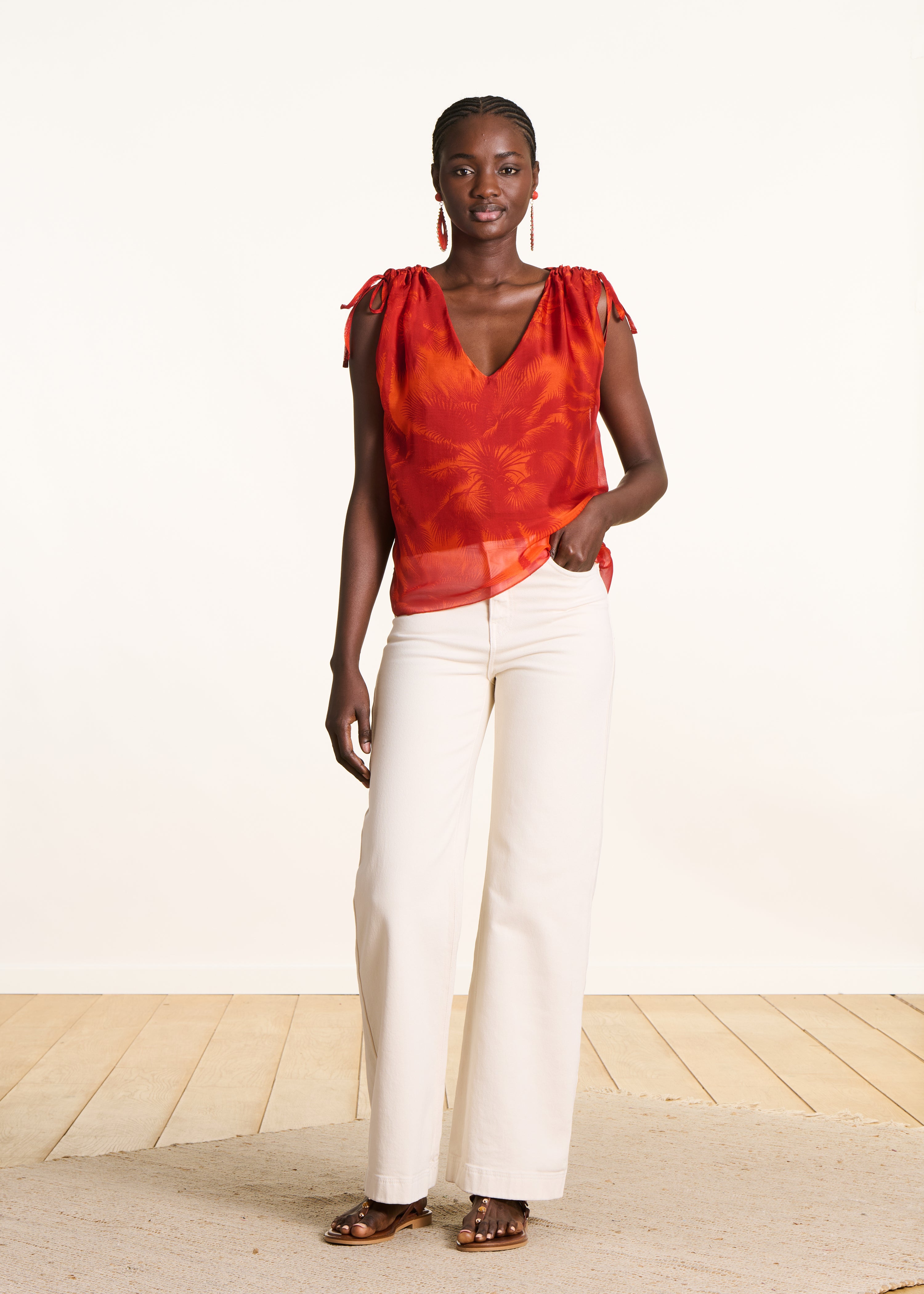 Orange floral print voile top