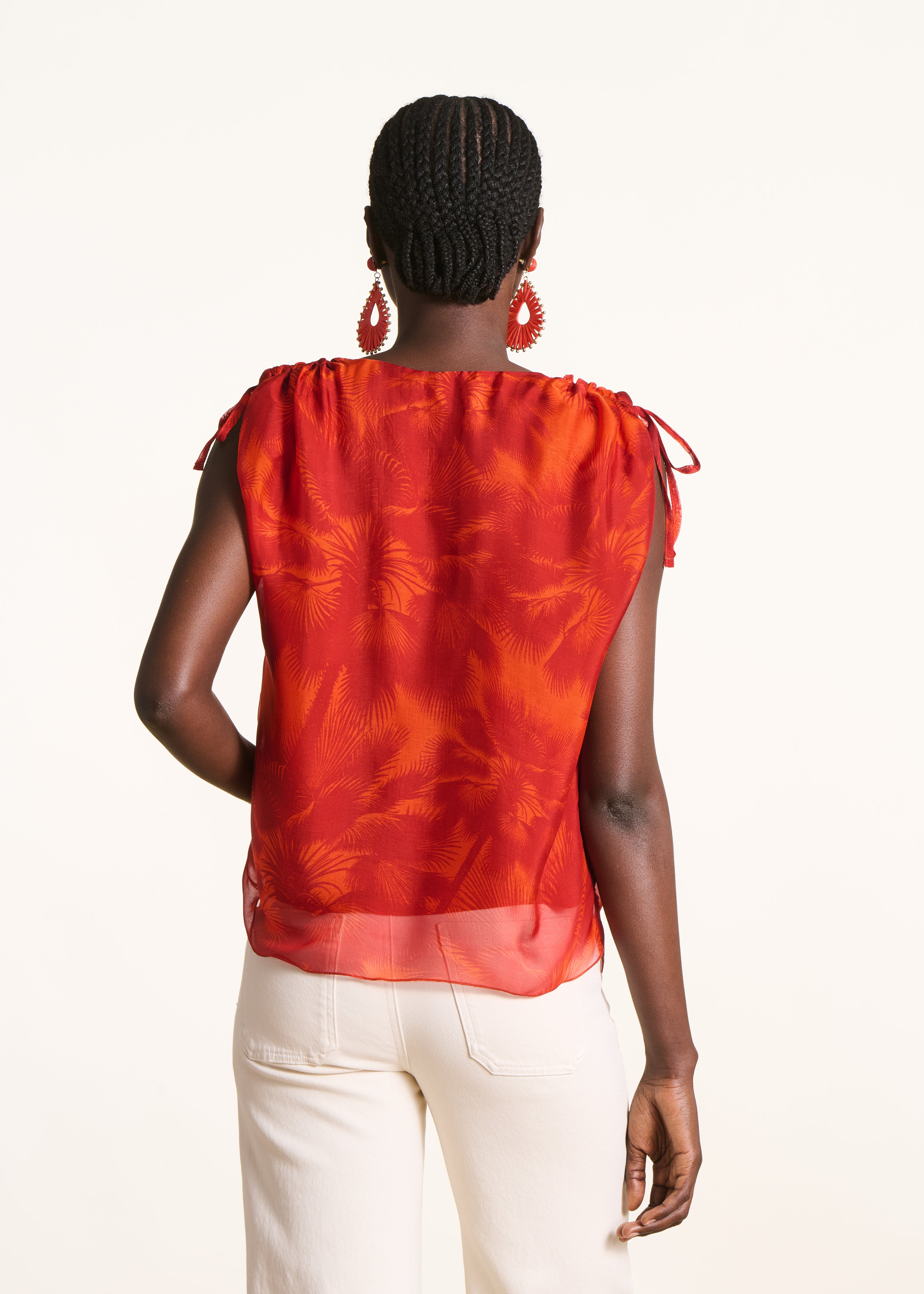 Orange floral print voile top