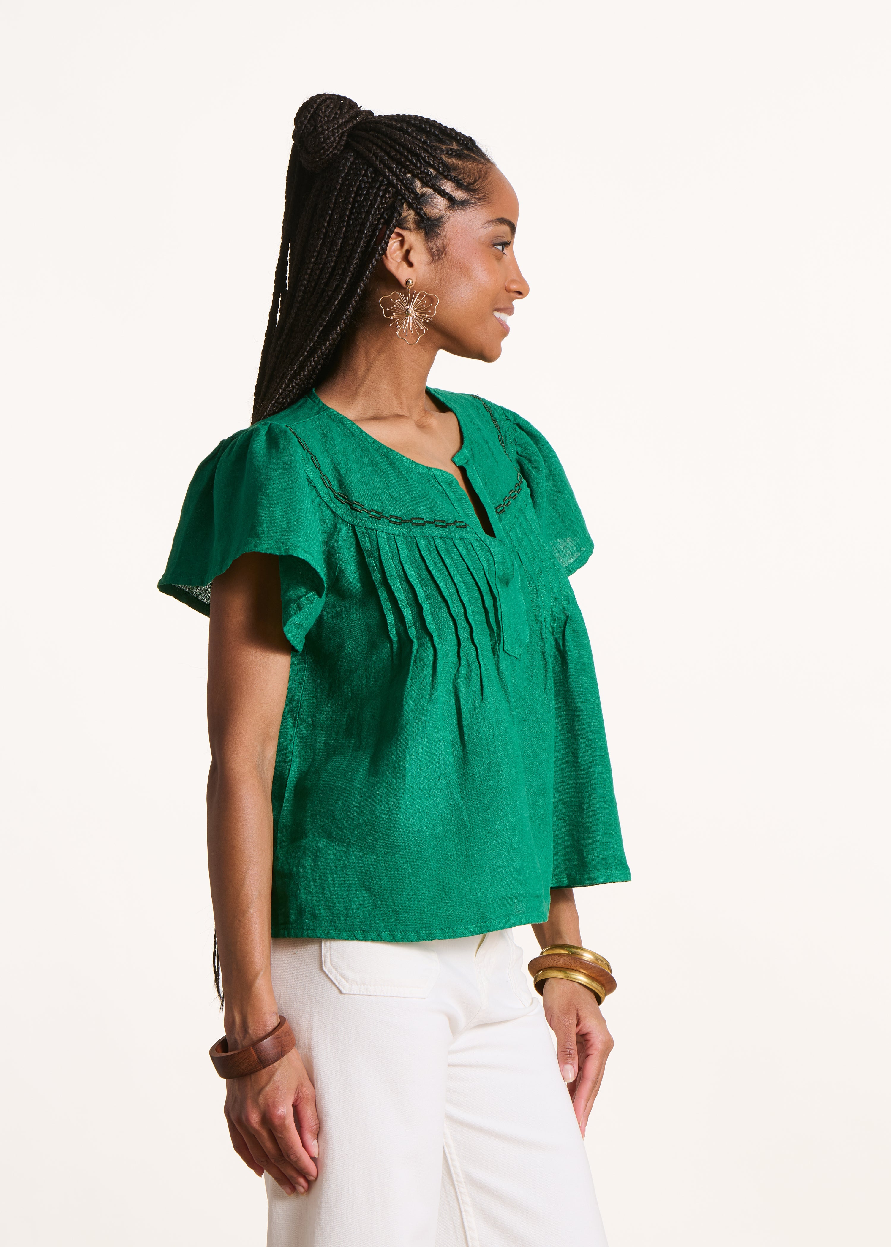 Loose green linen top with short sleeves