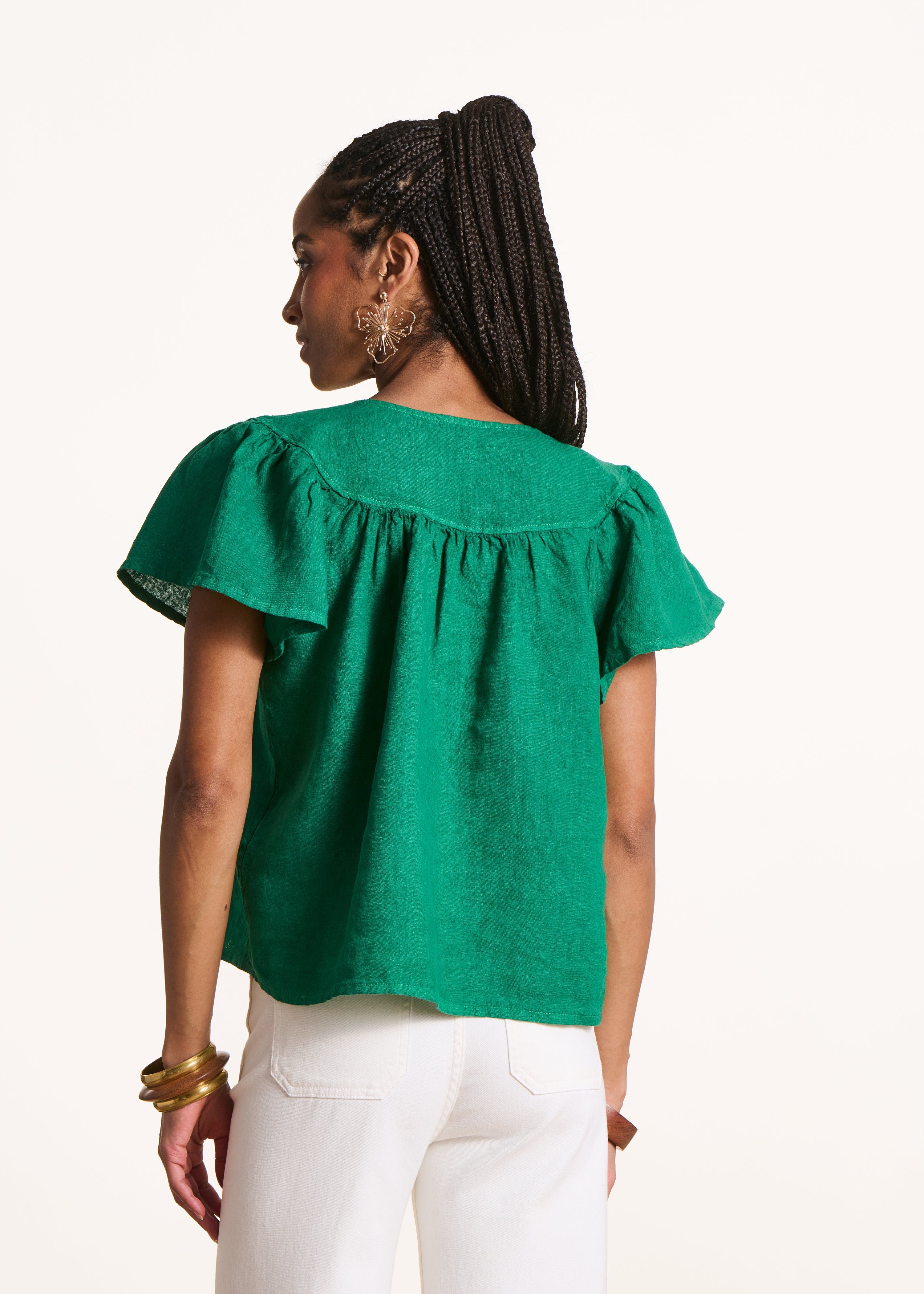 Loose green linen top with short sleeves