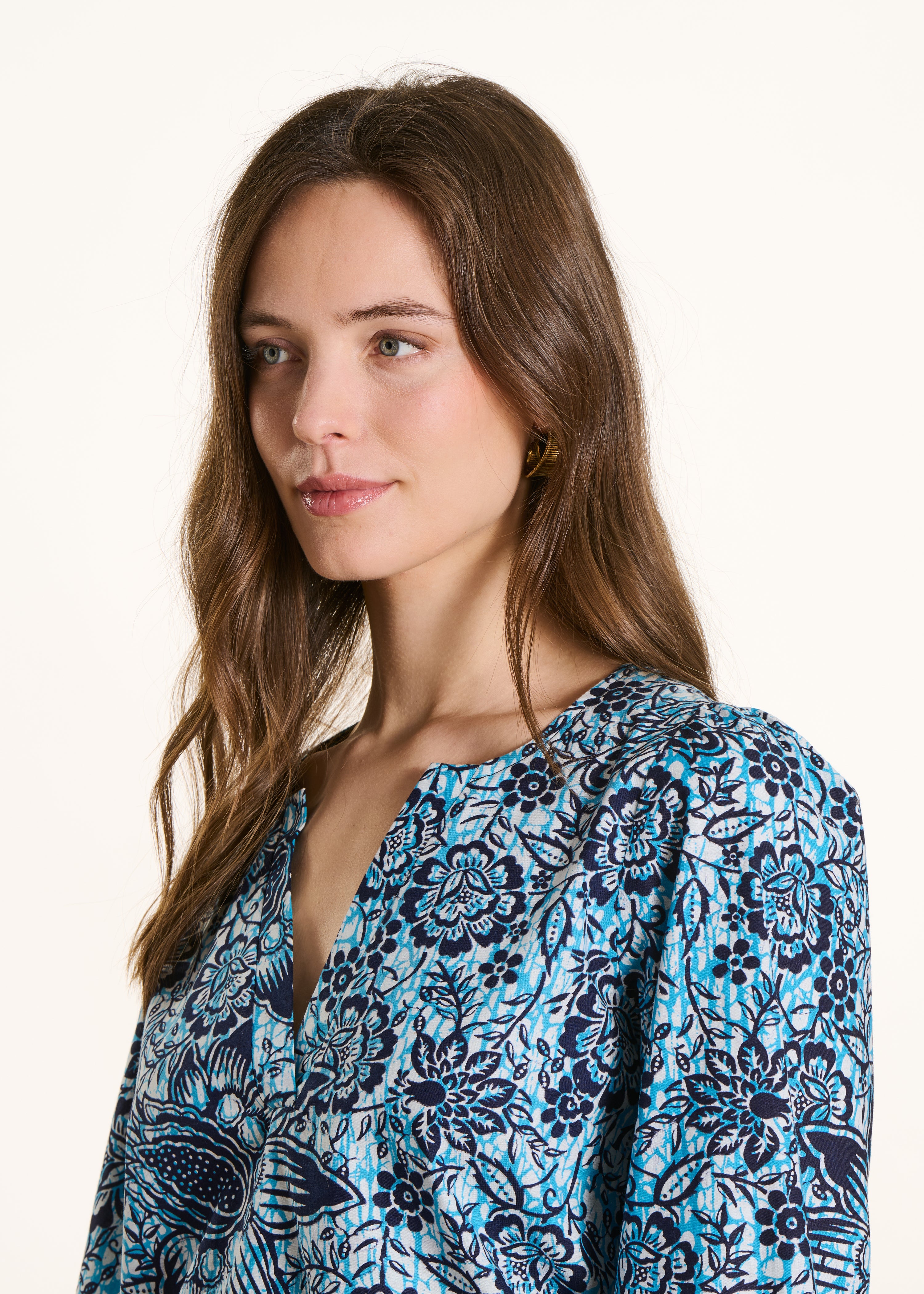 Top bleu en popeline de coton à imprimé floral