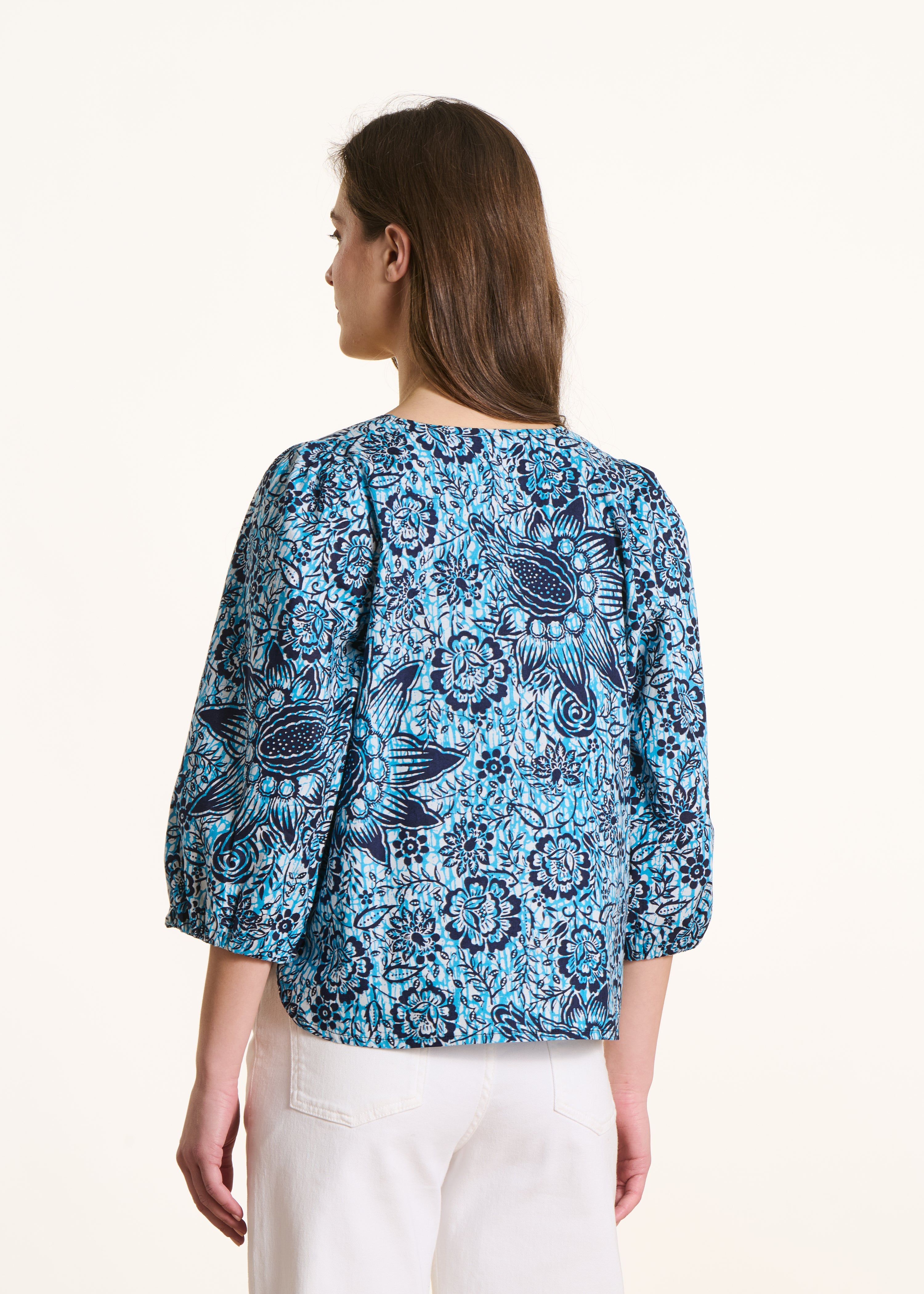 Top bleu en popeline de coton à imprimé floral