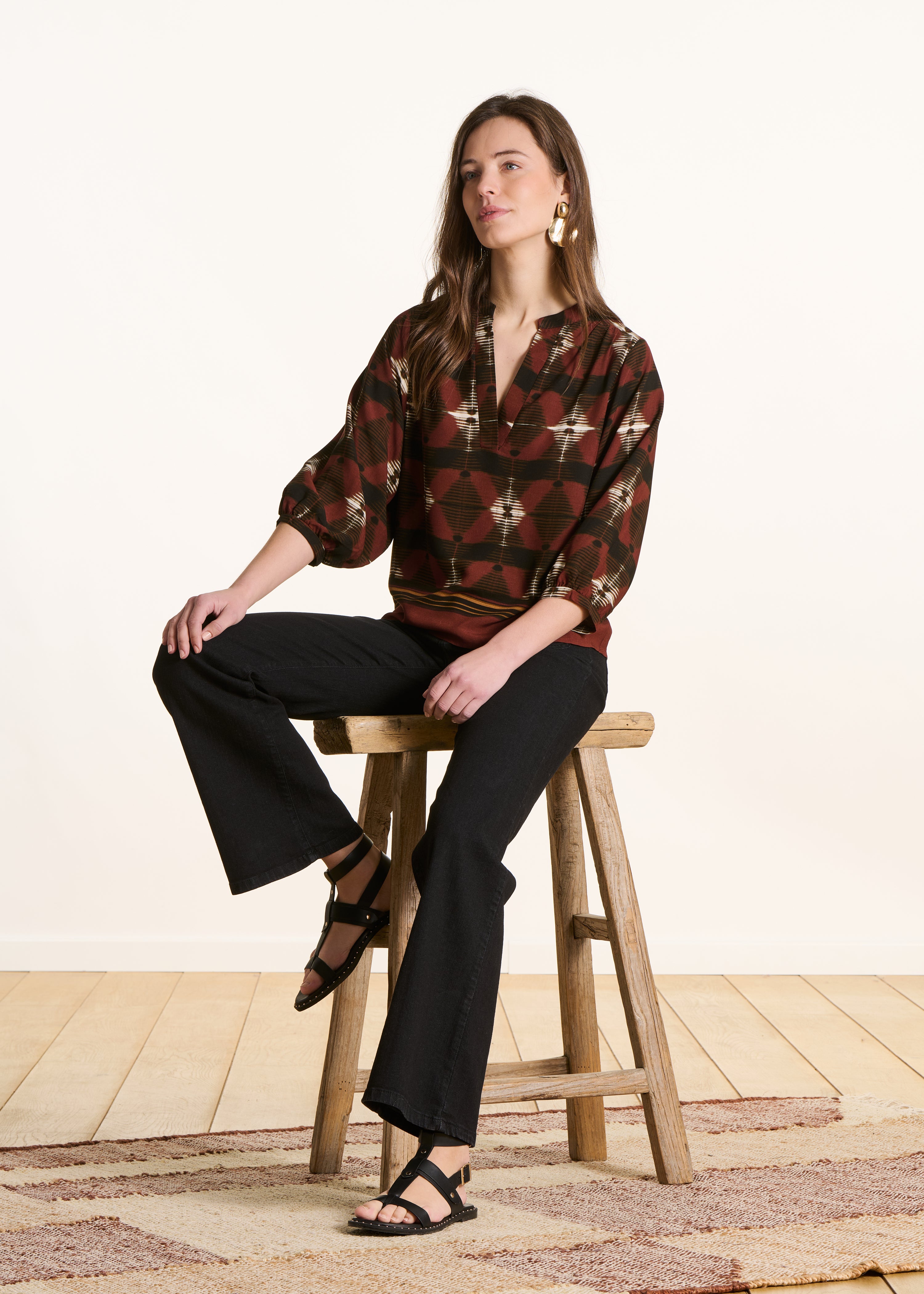 Brown printed short-sleeve top