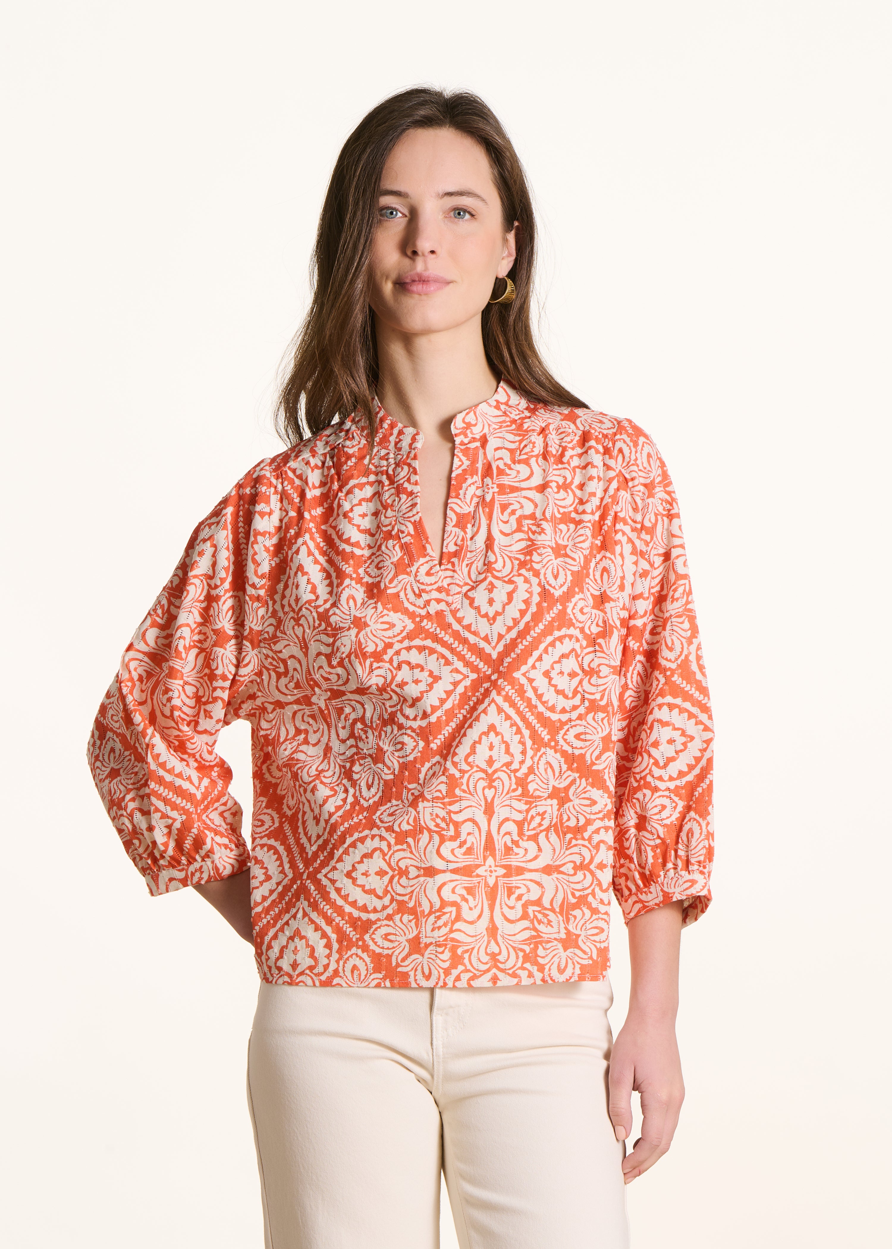 Top orange ajouré à imprimé floral manches courtes