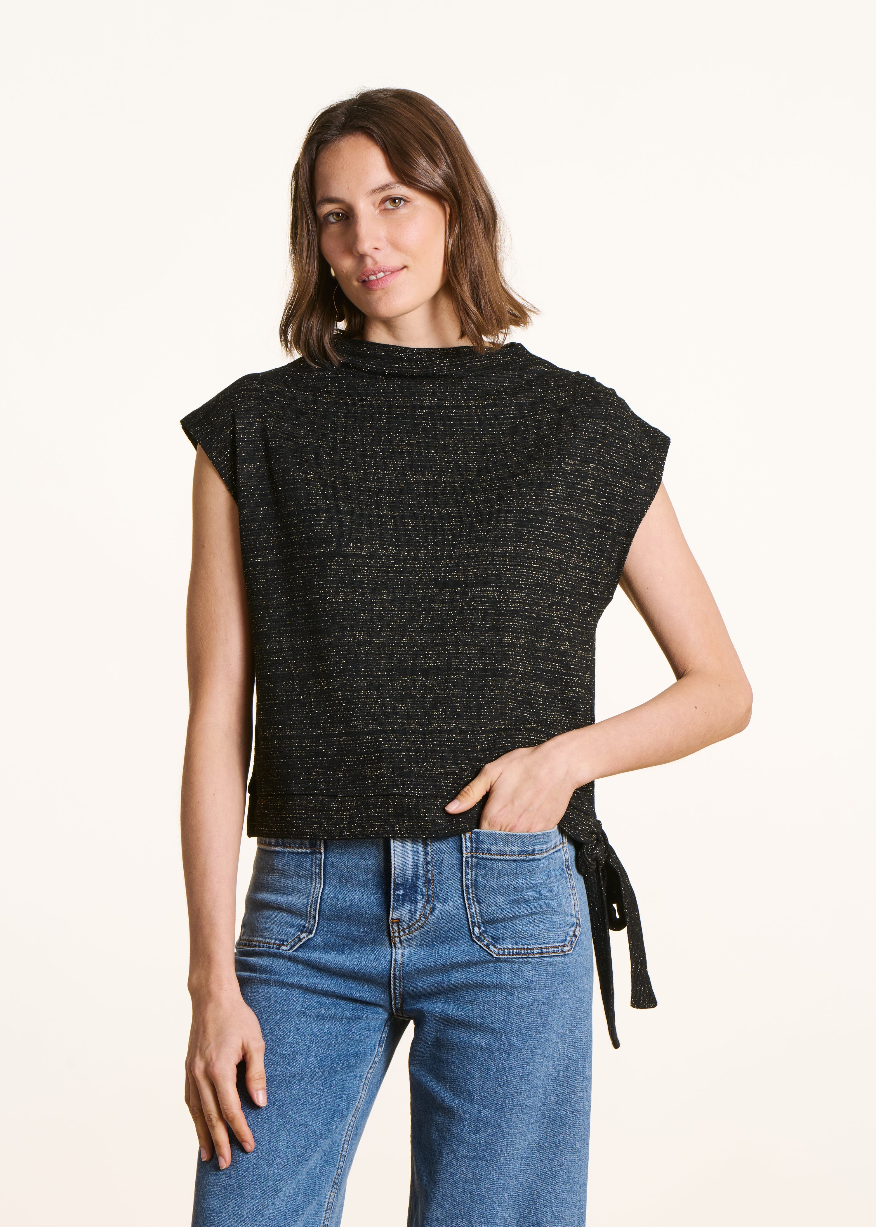 T-shirt nero senza maniche in jersey iridescente